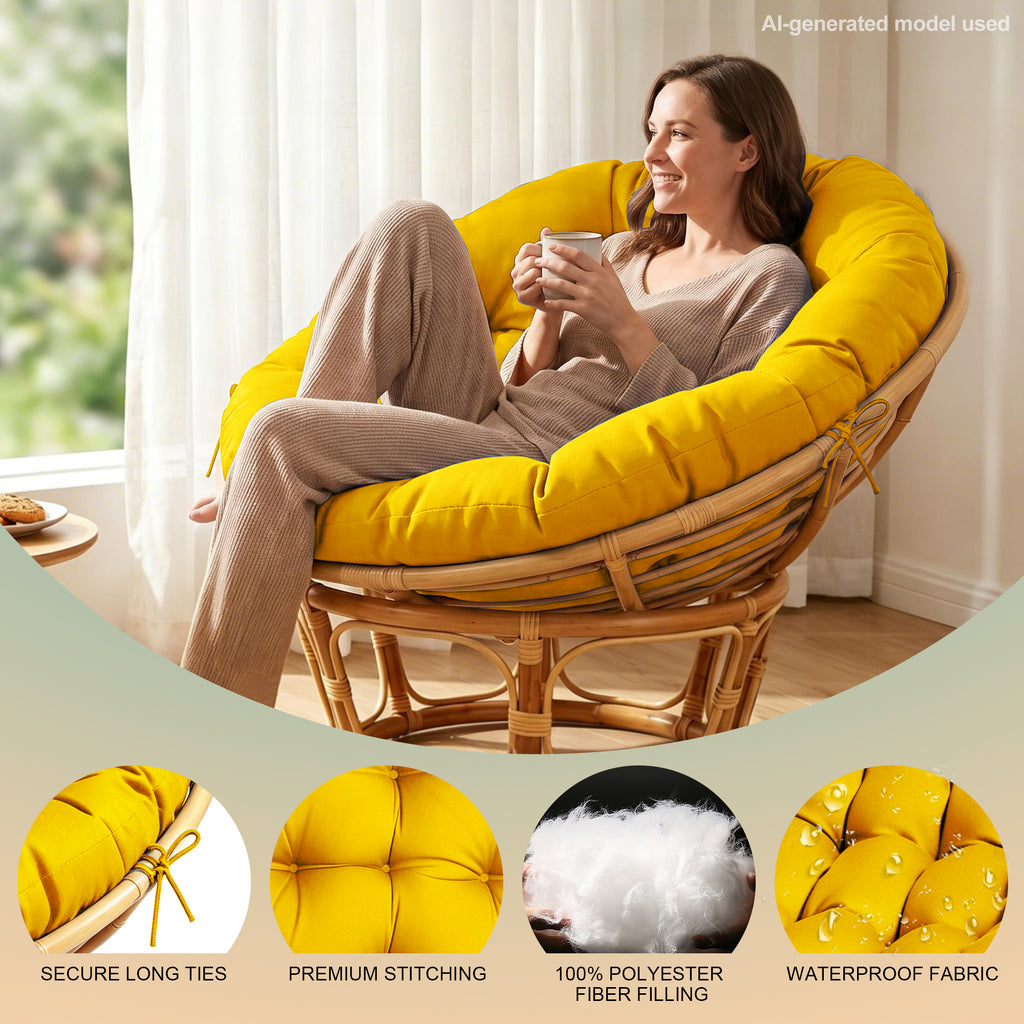 47"×47"×4" tufted round chair cushion, sturdy polyester cover & fluffy fiber fill, fixed carry ties fit papasan, swing & wicker indoor chairs
