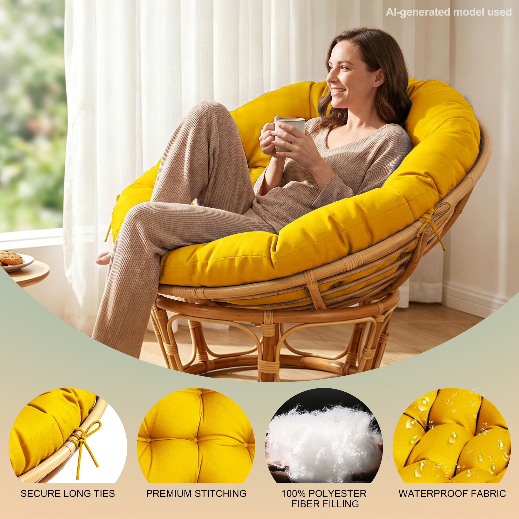 47"×47"×4" tufted round chair cushion, sturdy polyester cover & fluffy fiber fill, fixed carry ties fit papasan, swing & wicker indoor chairs