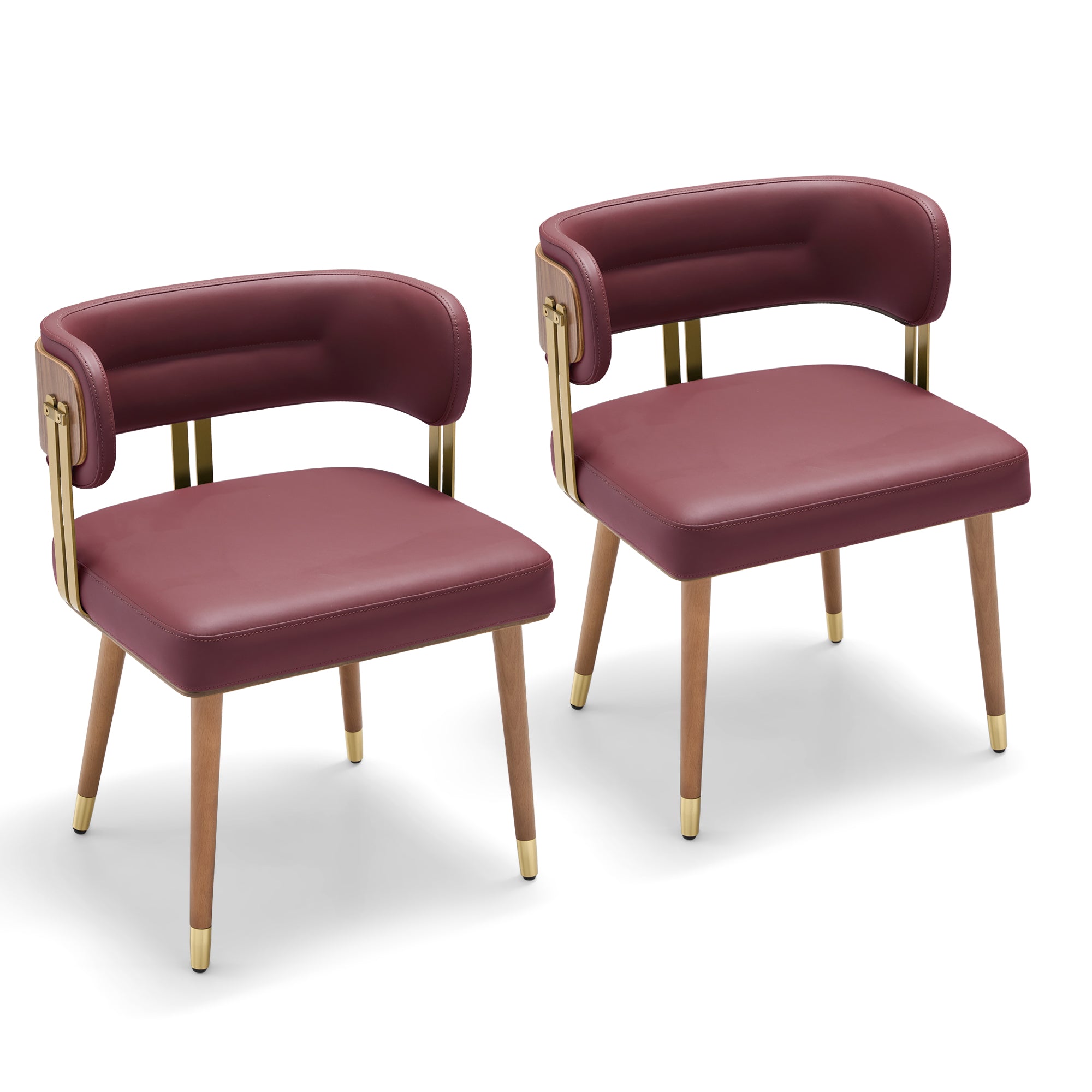 ARTPLAN Walnut Leather Dining Chair - Modern Upholstered Kitchen Chair with High-Resilience Foam Cushion, Stainless Steel Gold Frame for Dining Room, Easy Assembly