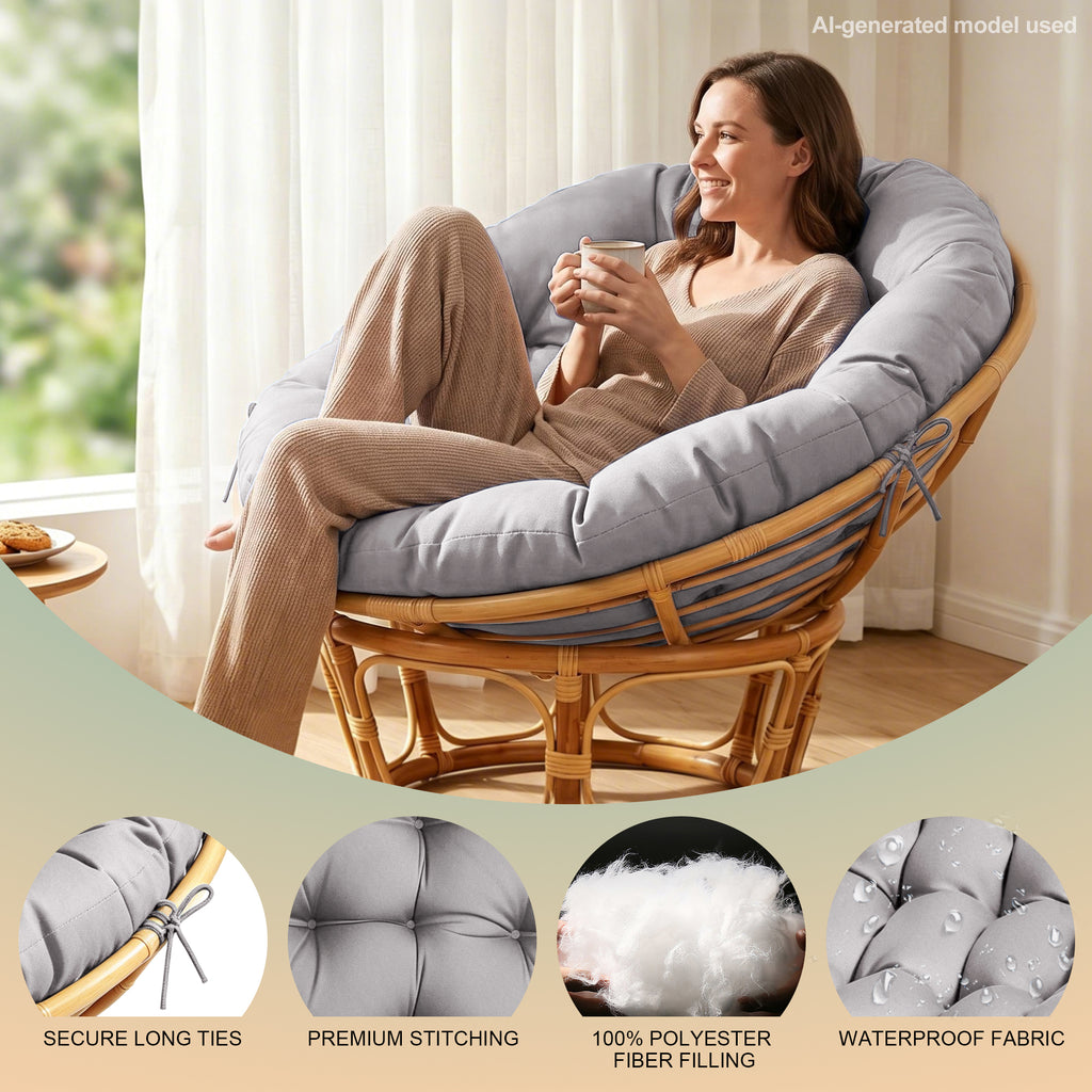 47"×47"×4" tufted round chair cushion, sturdy polyester cover & fluffy fiber fill, fixed carry ties fit papasan, swing & wicker indoor chairs