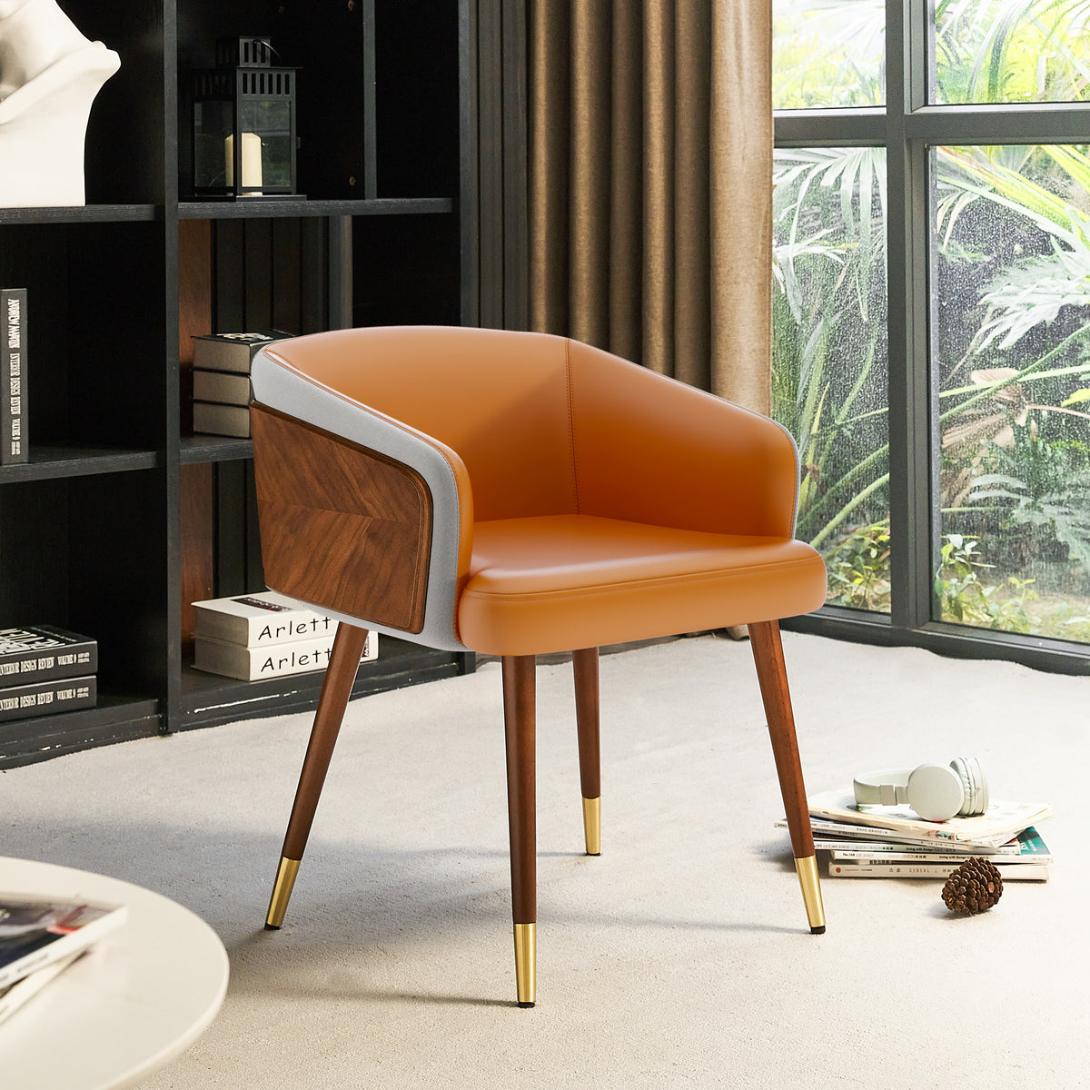 ARTPLAN Modern Dining Chair Faux Leather, Walnut Top Metal Legs Kitchen Seat，set of 1/set of 2
