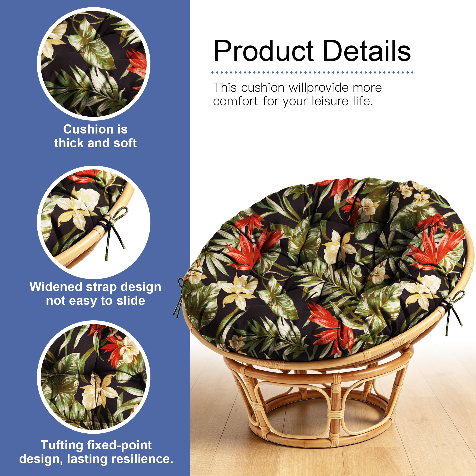 ARTPLAN Round Papasan Chair Cushion Tufted Swing Seat Pad with Ties