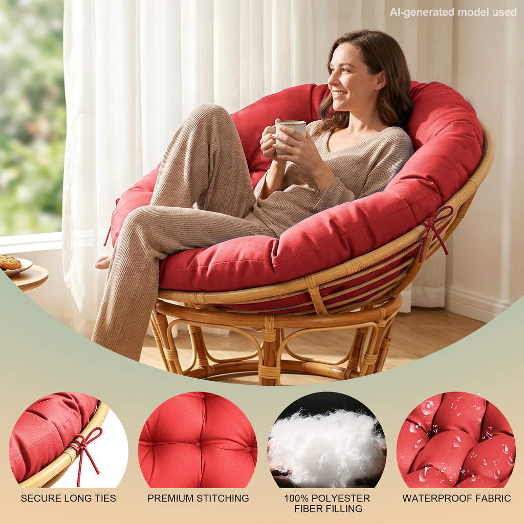 47"×47"×4" tufted round chair cushion, sturdy polyester cover & fluffy fiber fill, fixed carry ties fit papasan, swing & wicker indoor chairs