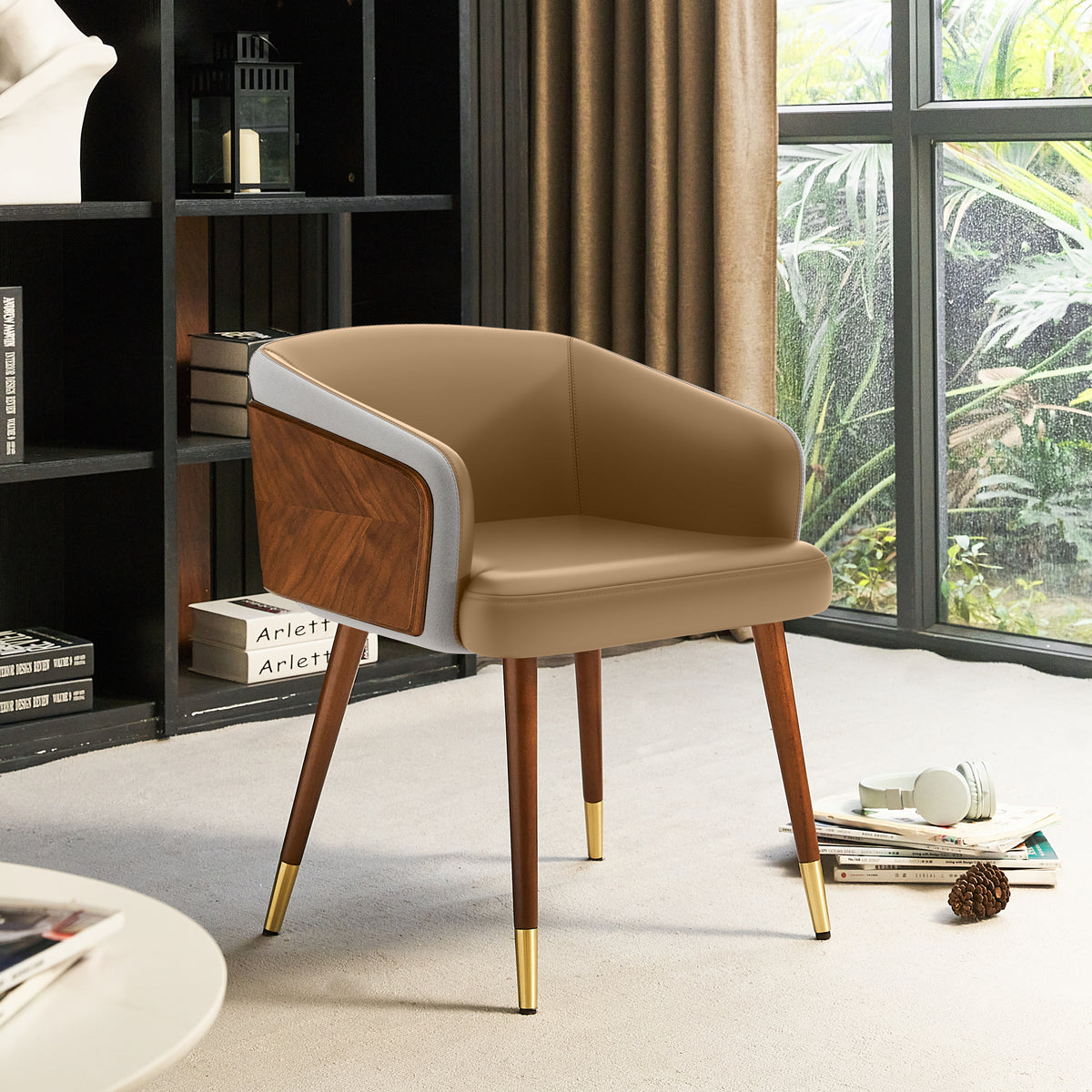 ARTPLAN Modern Dining Chair Faux Leather, Walnut Top Metal Legs Kitchen Seat，set of 1/set of 2