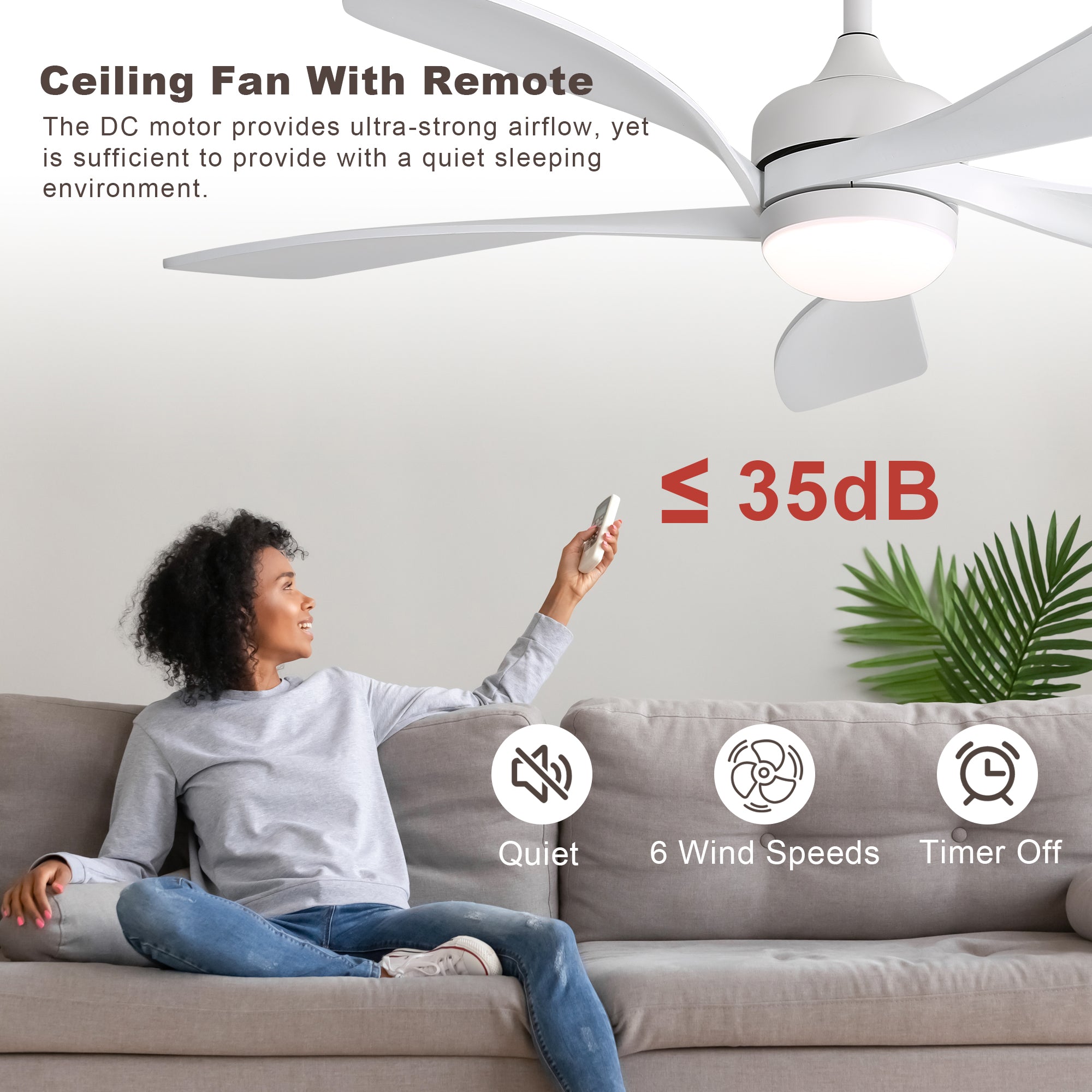 52 Inch Ceiling Fan with Light and Remote Control, 6-Speed Reversible Quiet DC Motor, 3 Color Temperatures LED Light, 3 Timer Settings, Adjustable Height for Large Room, Bedroom, Living Room (Walnut/Black/Orginal/White/Sakuragi)