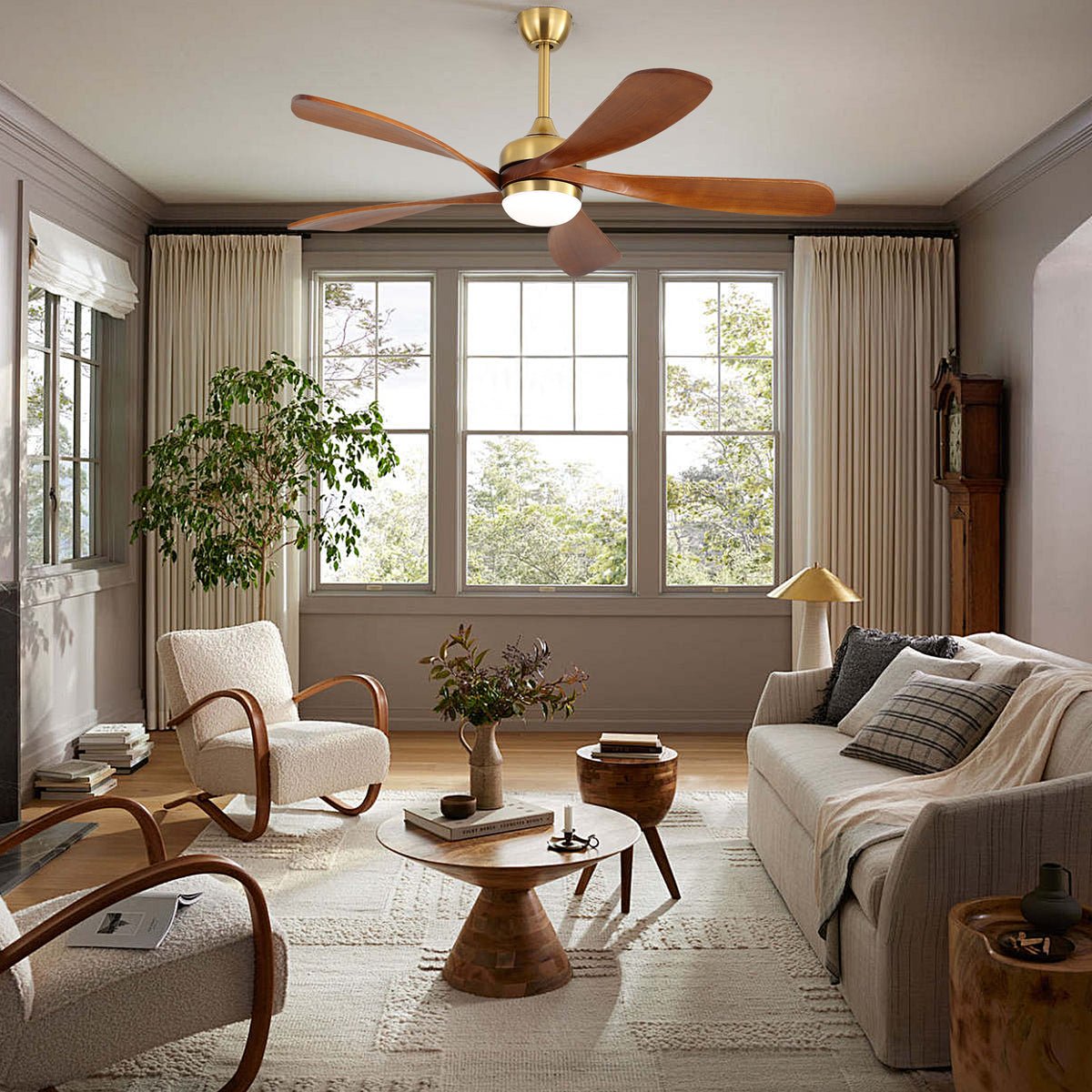52 Inch Ceiling Fan with Light and Remote Control, 6-Speed Reversible Quiet DC Motor, 3 Color Temperatures LED Light, 3 Timer Settings, Adjustable Height for Large Room, Bedroom, Living Room (Walnut/Black/Orginal/White/Sakuragi)