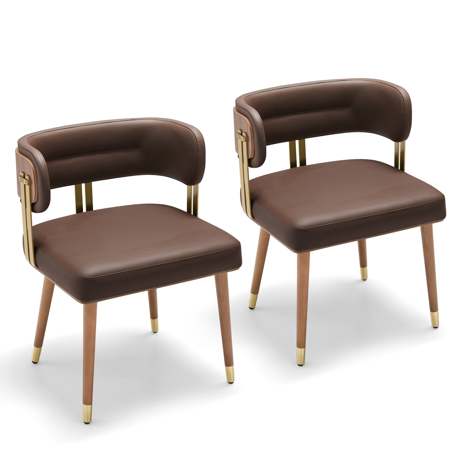 ARTPLAN Walnut Leather Dining Chair - Modern Upholstered Kitchen Chair with High-Resilience Foam Cushion, Stainless Steel Gold Frame for Dining Room, Easy Assembly
