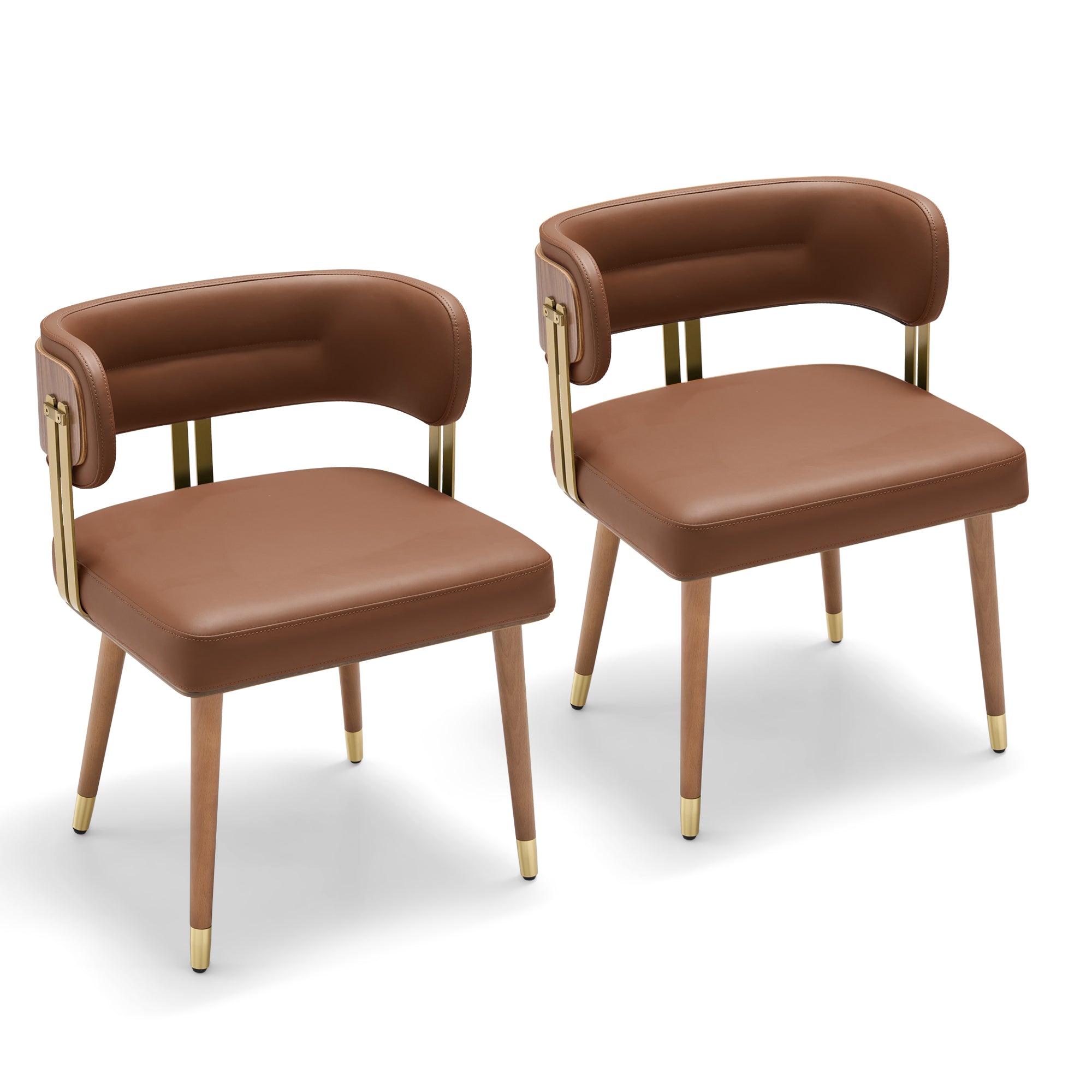 ARTPLAN Walnut Leather Dining Chair - Modern Upholstered Kitchen Chair with High-Resilience Foam Cushion, Stainless Steel Gold Frame for Dining Room, Easy Assembly