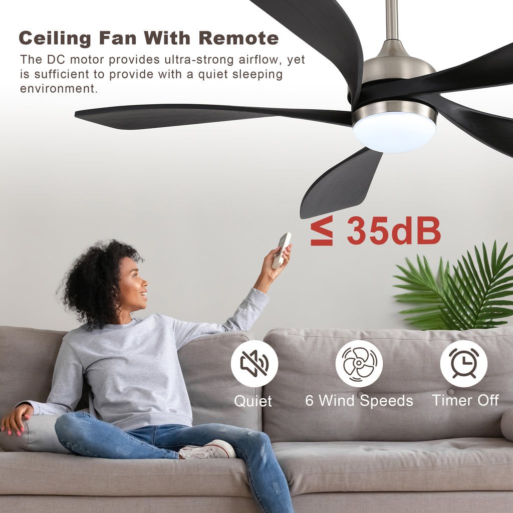 52 Inch Ceiling Fan with Light and Remote Control, 6-Speed Reversible Quiet DC Motor, 3 Color Temperatures LED Light, 3 Timer Settings, Adjustable Height for Large Room, Bedroom, Living Room (Walnut/Black/Orginal/White/Sakuragi)