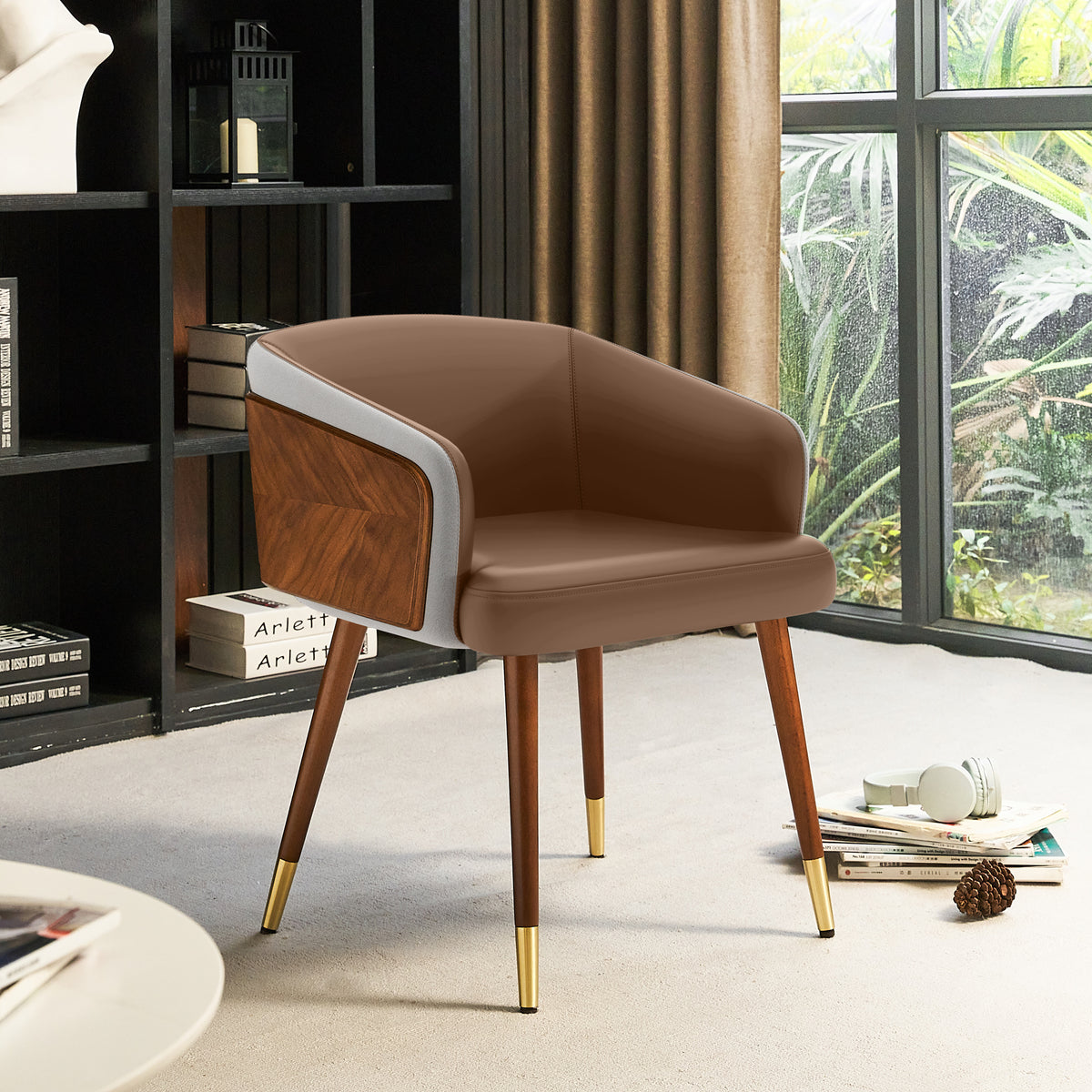 ARTPLAN Modern Dining Chair Faux Leather, Walnut Top Metal Legs Kitchen Seat，set of 1/set of 2