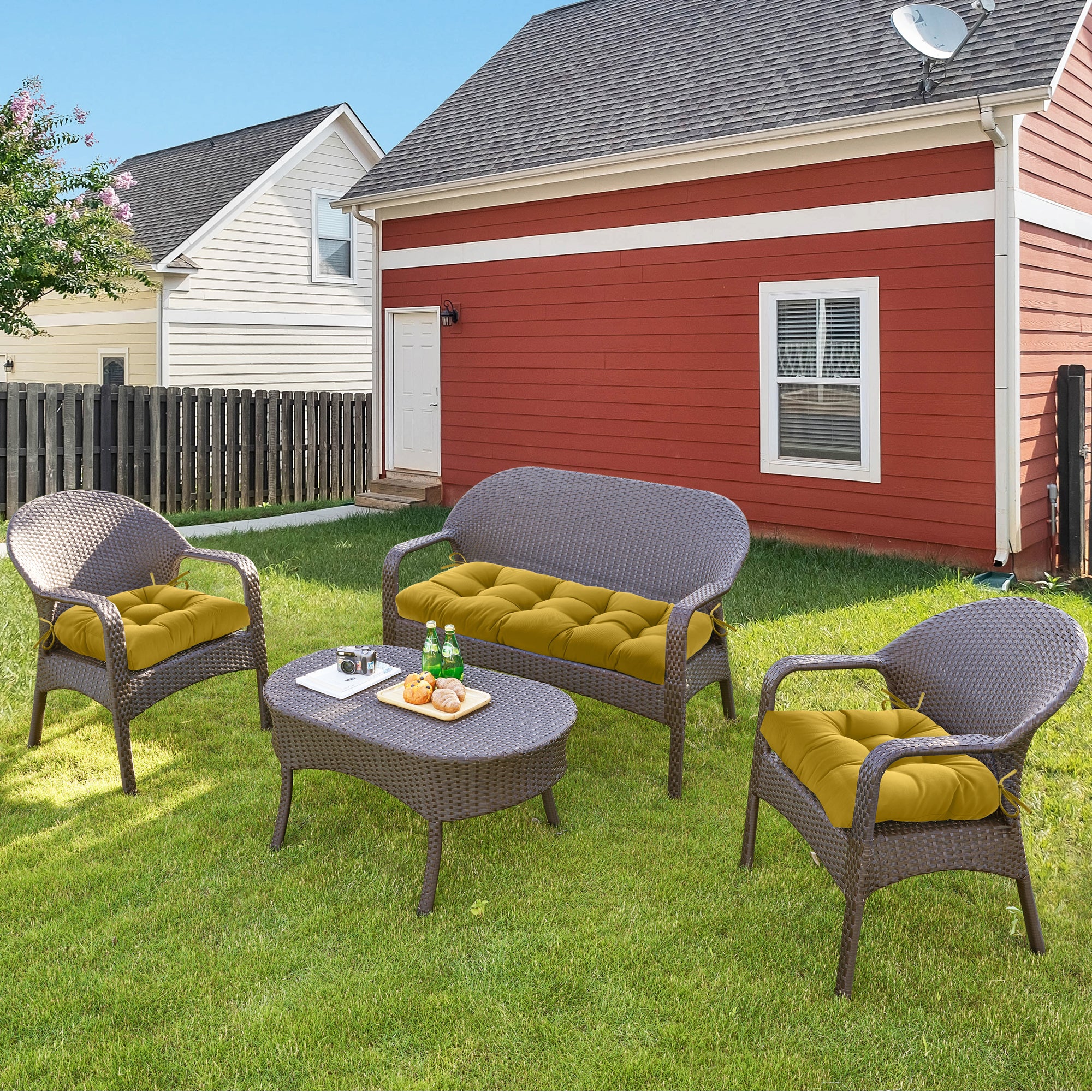 3 Pieces Outdoor Chair Cushions Clearance with Ties,44x19x5 Inches,1 Love seat &2 U-Shape Tufted Patio Bench Cushions for Wicker Outdoor Furniture,All Weather,