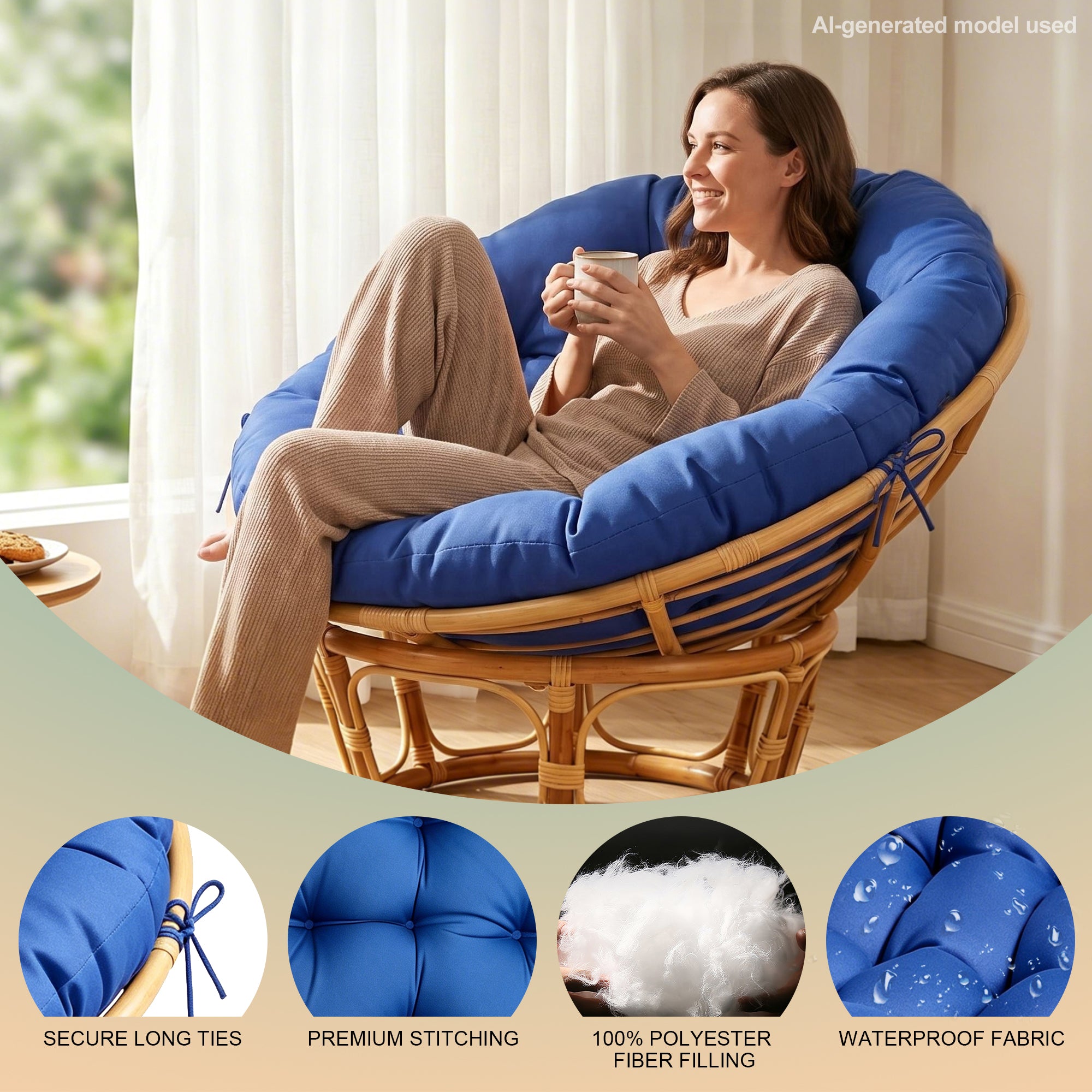 47"×47"×4" tufted round chair cushion, sturdy polyester cover & fluffy fiber fill, fixed carry ties fit papasan, swing & wicker indoor chairs
