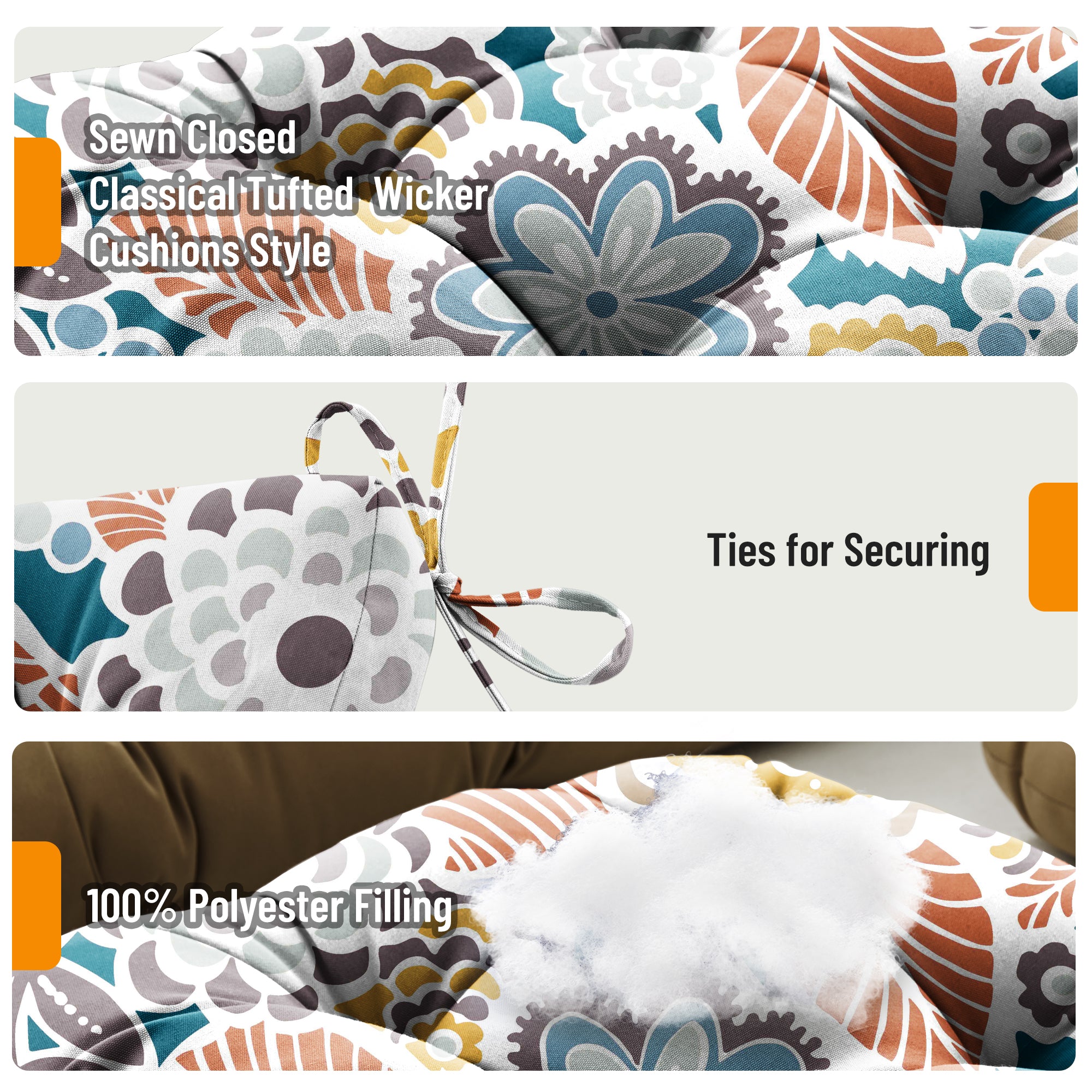 3 Pieces Outdoor Chair Cushions Set–Waterproof Tufted Cushions with Ties for Patio coversation, Loveseat & Bench, 44"x19"x5" UV-Resistant & Fade-Proof with Premium Polyester Filled