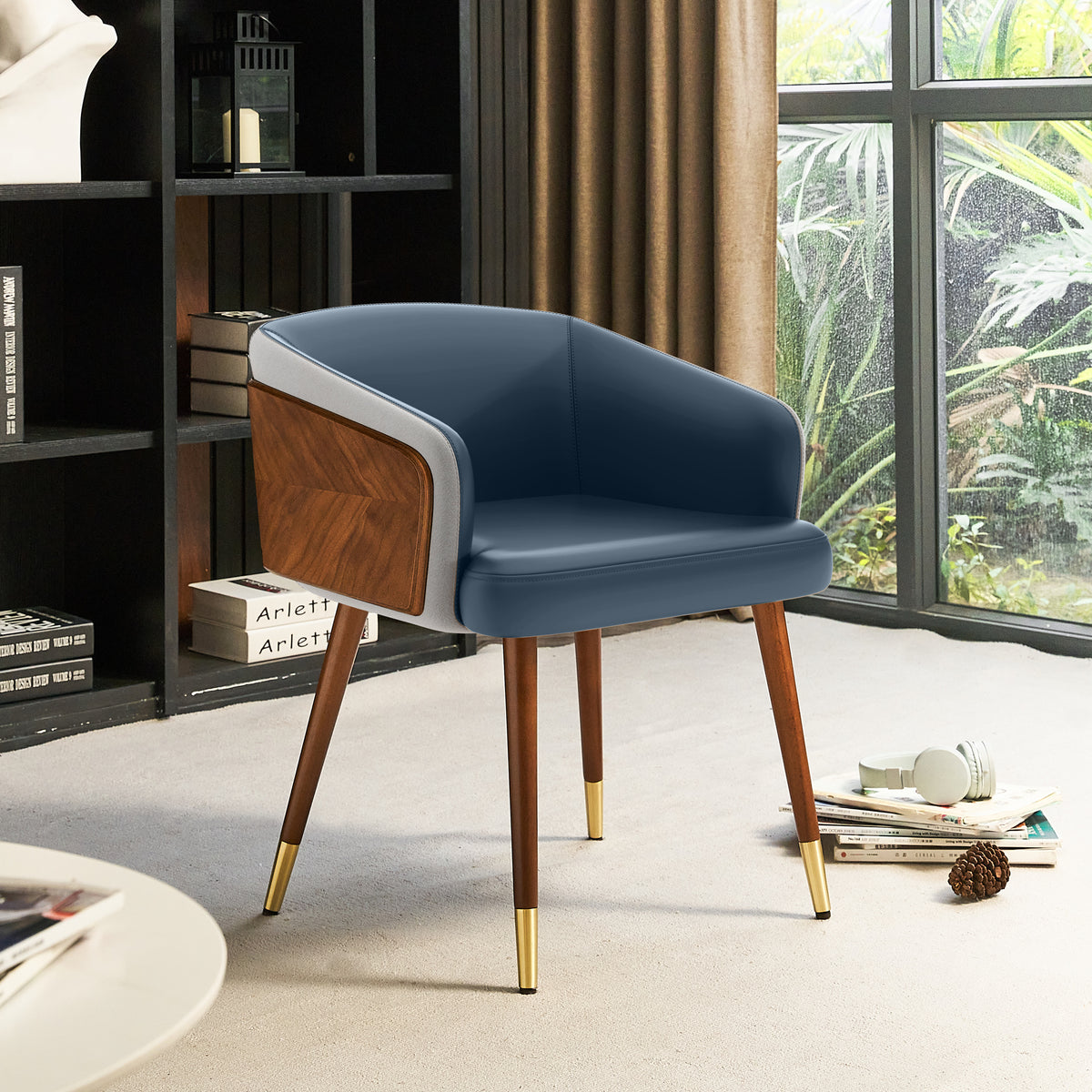 ARTPLAN Modern Dining Chair Faux Leather, Walnut Top Metal Legs Kitchen Seat，set of 1/set of 2