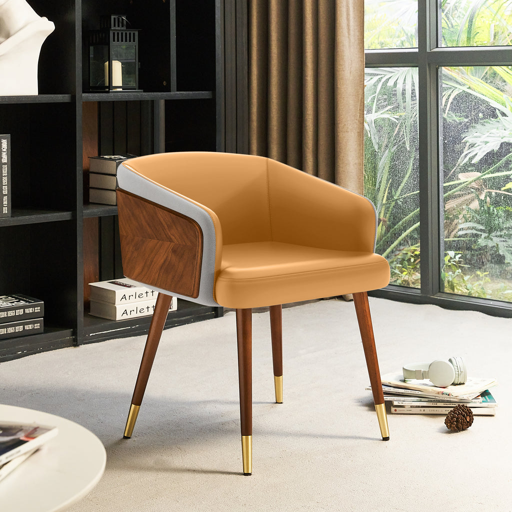 ARTPLAN Modern Dining Chair Faux Leather, Walnut Top Metal Legs Kitchen Seat，set of 1/set of 2