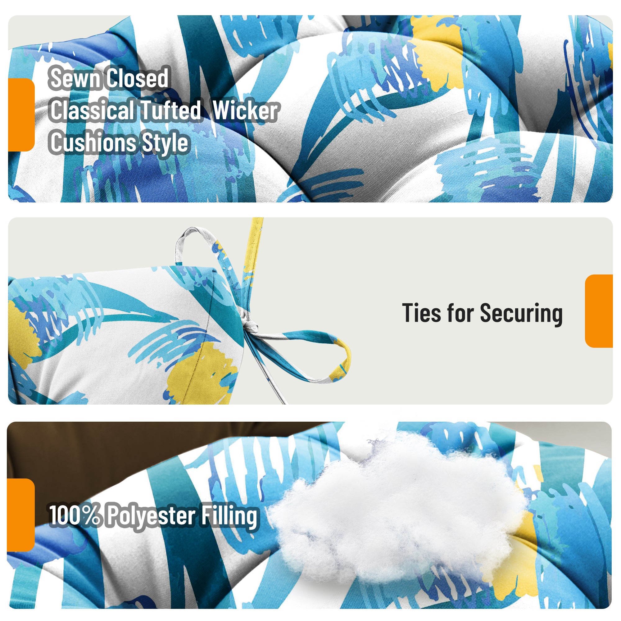 3 Pieces Outdoor Chair Cushions Set–Waterproof Tufted Cushions with Ties for Patio coversation, Loveseat & Bench, 44"x19"x5" UV-Resistant & Fade-Proof with Premium Polyester Filled