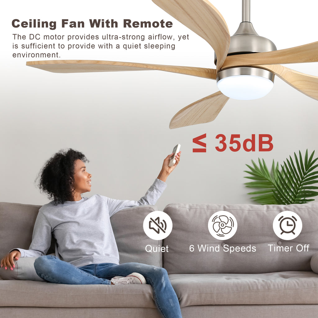 52 Inch Ceiling Fan with Light and Remote Control, 6-Speed Reversible Quiet DC Motor, 3 Color Temperatures LED Light, 3 Timer Settings, Adjustable Height for Large Room, Bedroom, Living Room (Walnut/Black/Orginal/White/Sakuragi)