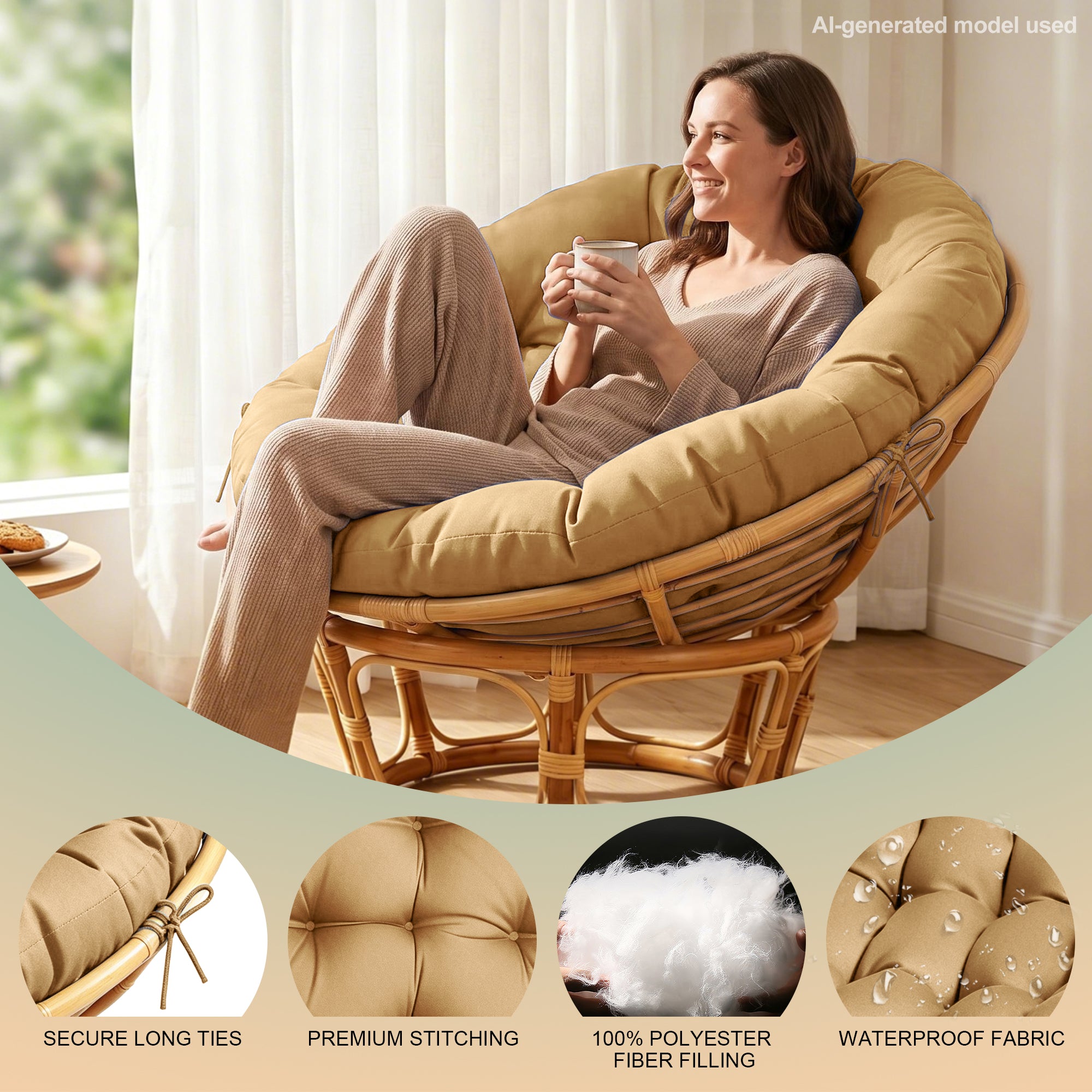47"×47"×4" tufted round chair cushion, sturdy polyester cover & fluffy fiber fill, fixed carry ties fit papasan, swing & wicker indoor chairs