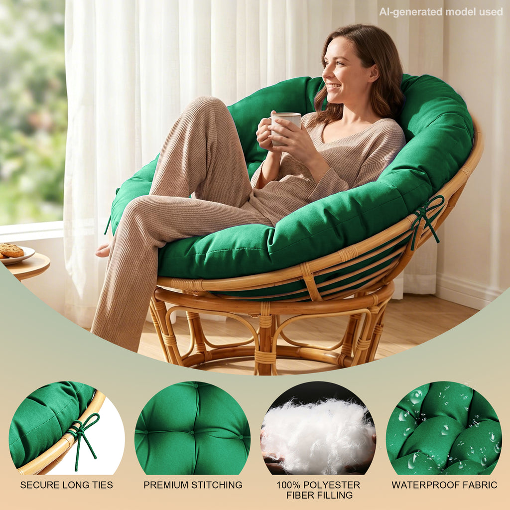 47"×47"×4" tufted round chair cushion, sturdy polyester cover & fluffy fiber fill, fixed carry ties fit papasan, swing & wicker indoor chairs