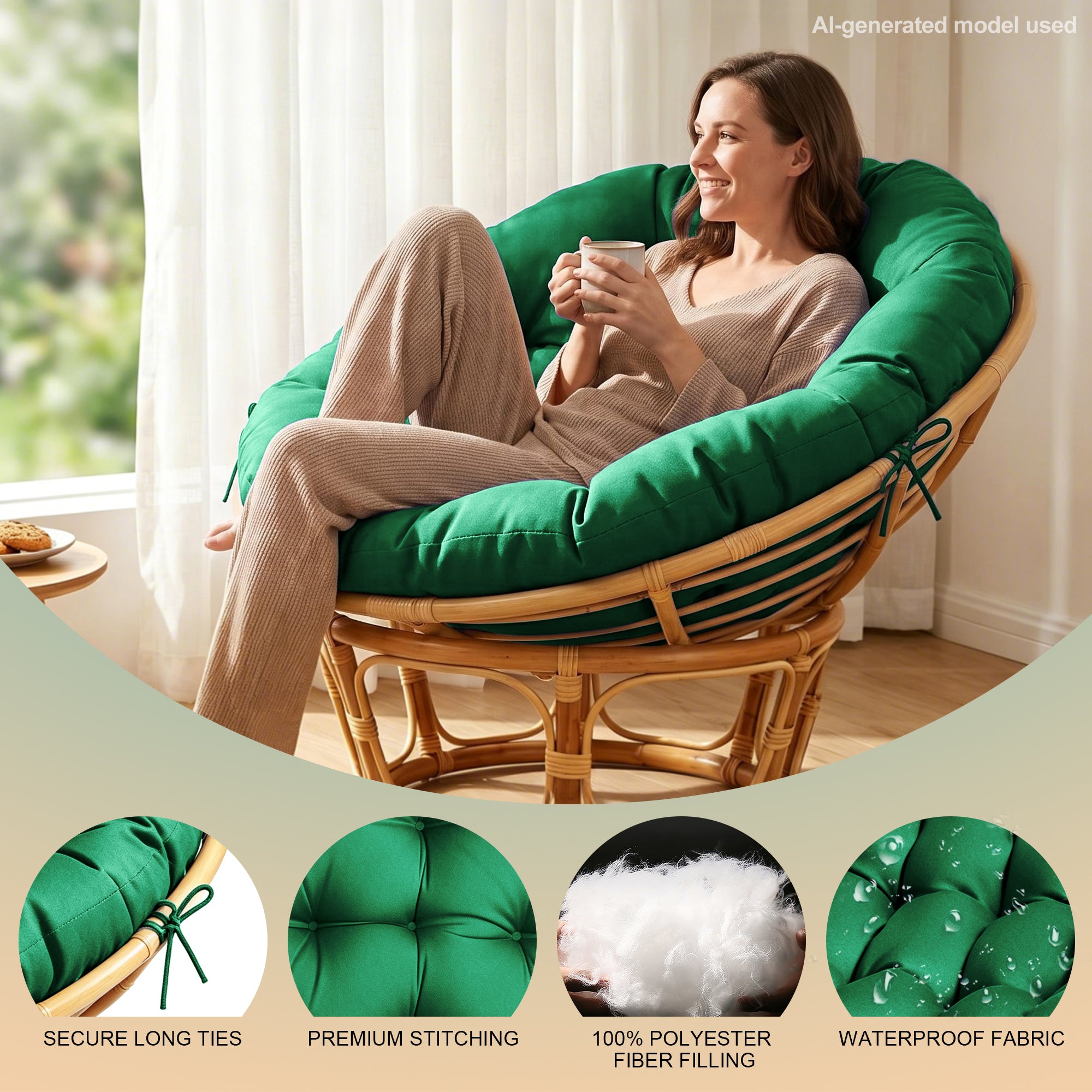 47"×47"×4" tufted round chair cushion, sturdy polyester cover & fluffy fiber fill, fixed carry ties fit papasan, swing & wicker indoor chairs