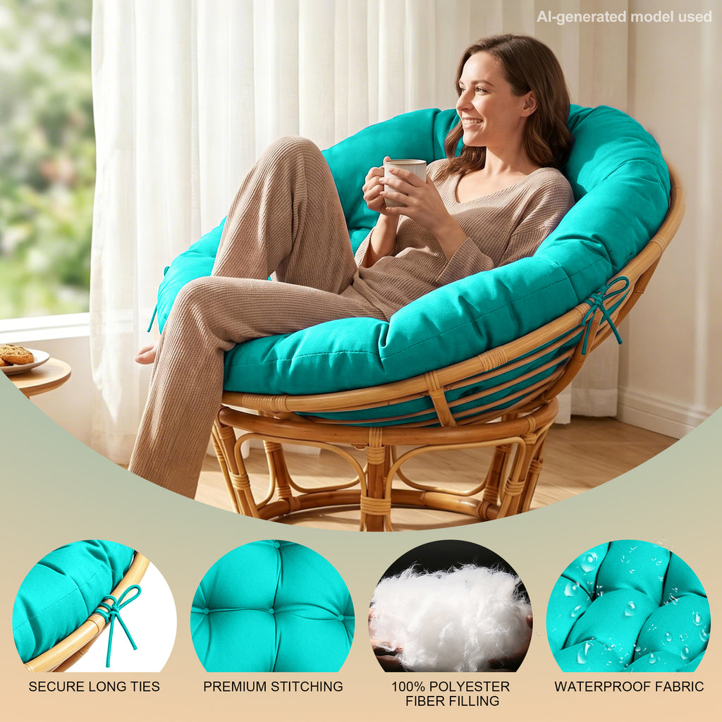 47"×47"×4" tufted round chair cushion, sturdy polyester cover & fluffy fiber fill, fixed carry ties fit papasan, swing & wicker indoor chairs