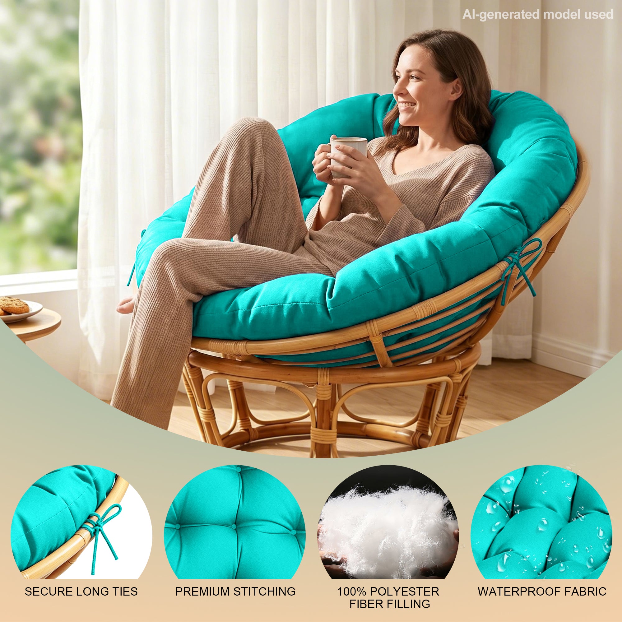 47"×47"×4" tufted round chair cushion, sturdy polyester cover & fluffy fiber fill, fixed carry ties fit papasan, swing & wicker indoor chairs