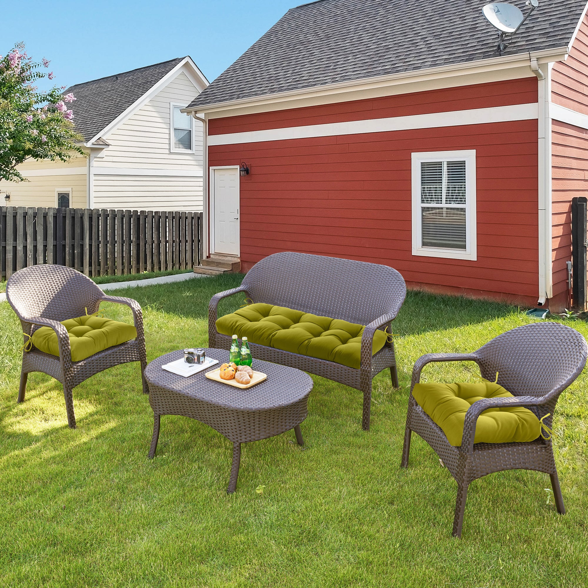 3 Pieces Outdoor Chair Cushions Clearance with Ties,44x19x5 Inches,1 Love seat &2 U-Shape Tufted Patio Bench Cushions for Wicker Outdoor Furniture,All Weather,