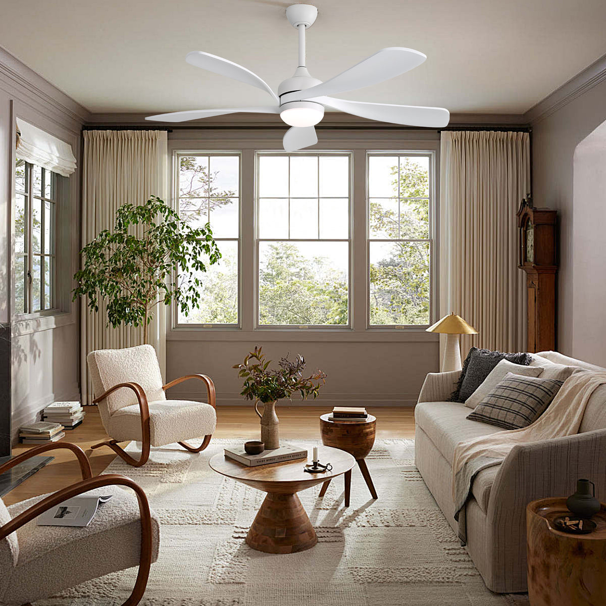52 Inch Ceiling Fan with Light and Remote Control, 6-Speed Reversible Quiet DC Motor, 3 Color Temperatures LED Light, 3 Timer Settings, Adjustable Height for Large Room, Bedroom, Living Room (Walnut/Black/Orginal/White/Sakuragi)