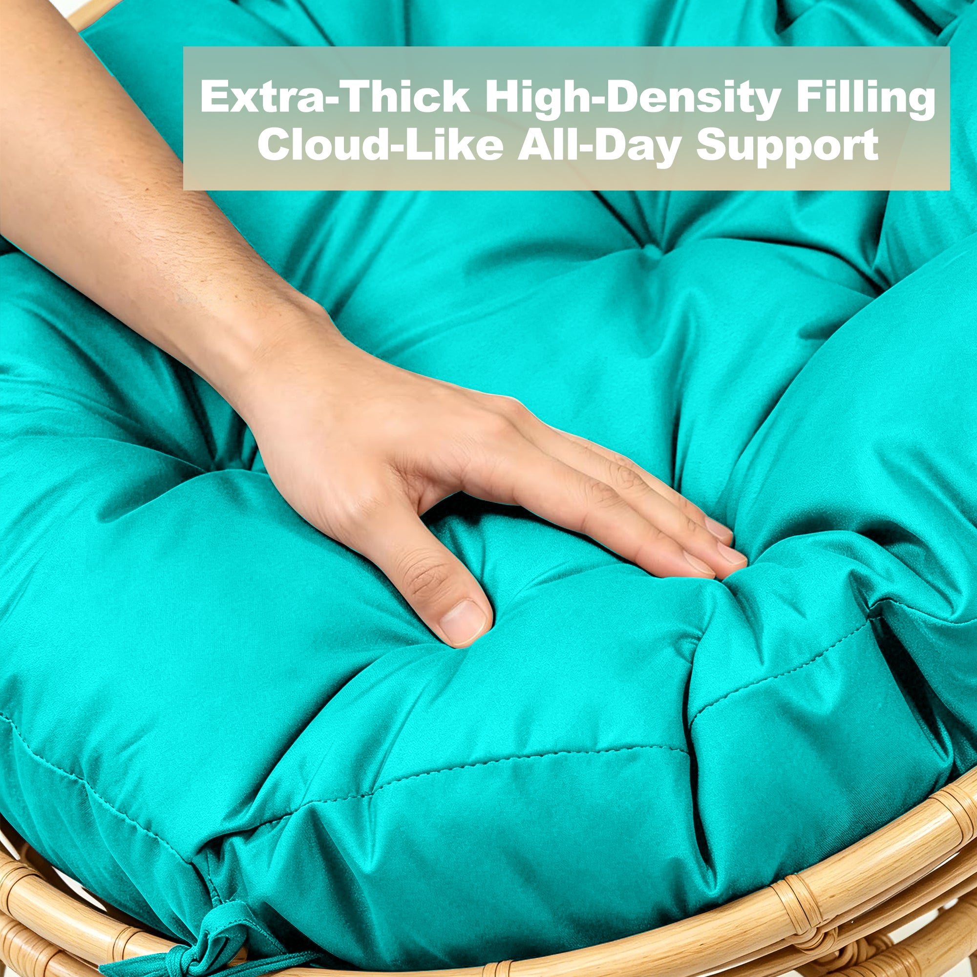 47"×47"×4" tufted round chair cushion, sturdy polyester cover & fluffy fiber fill, fixed carry ties fit papasan, swing & wicker indoor chairs