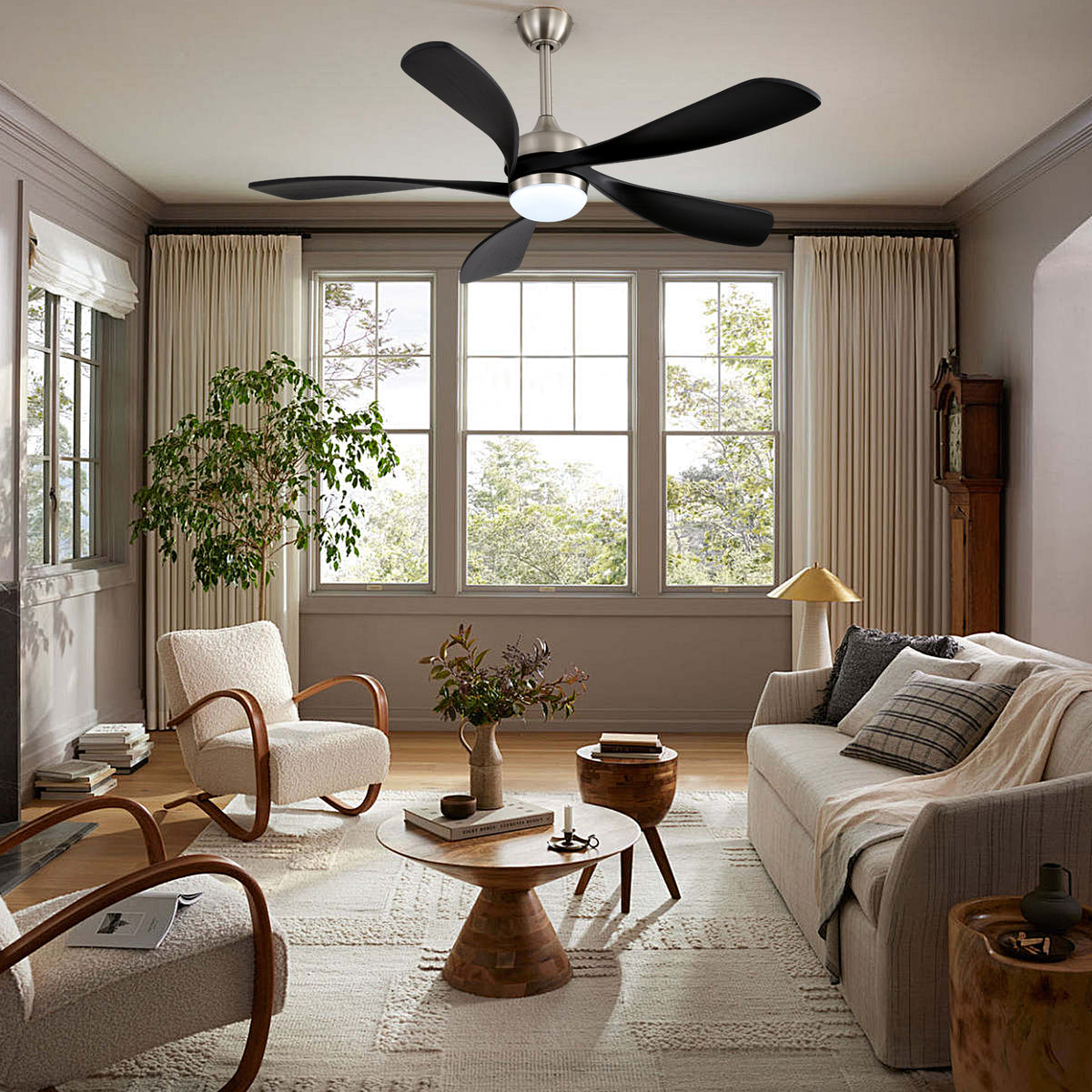 52 Inch Ceiling Fan with Light and Remote Control, 6-Speed Reversible Quiet DC Motor, 3 Color Temperatures LED Light, 3 Timer Settings, Adjustable Height for Large Room, Bedroom, Living Room (Walnut/Black/Orginal/White/Sakuragi)