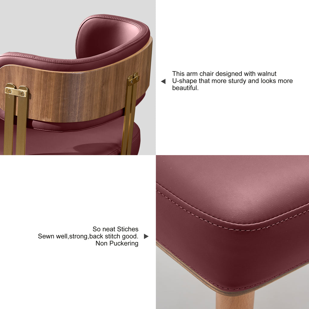 ARTPLAN Walnut Leather Dining Chair - Modern Upholstered Kitchen Chair with High-Resilience Foam Cushion, Stainless Steel Gold Frame for Dining Room, Easy Assembly