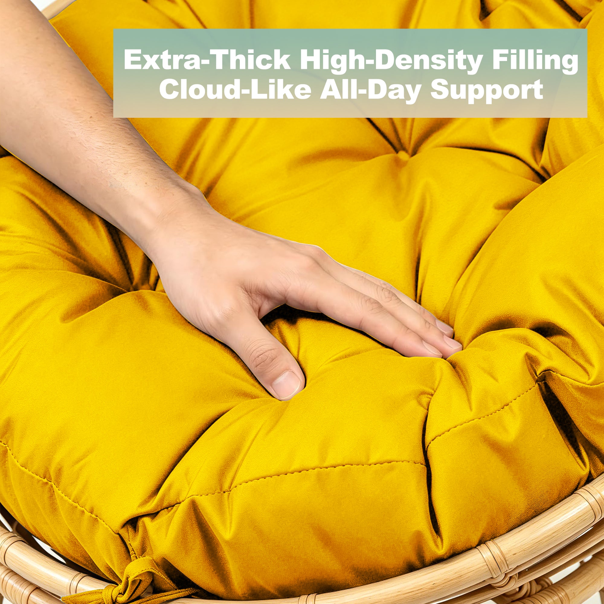47"×47"×4" tufted round chair cushion, sturdy polyester cover & fluffy fiber fill, fixed carry ties fit papasan, swing & wicker indoor chairs