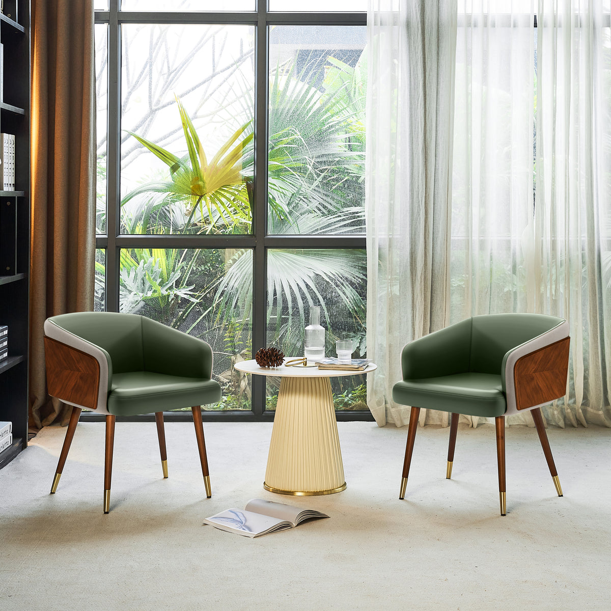 ARTPLAN Modern Dining Chair Faux Leather, Walnut Top Metal Legs Kitchen Seat，set of 1/set of 2