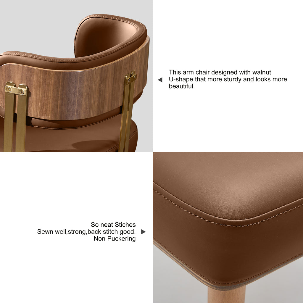 ARTPLAN Walnut Leather Dining Chair - Modern Upholstered Kitchen Chair with High-Resilience Foam Cushion, Stainless Steel Gold Frame for Dining Room, Easy Assembly