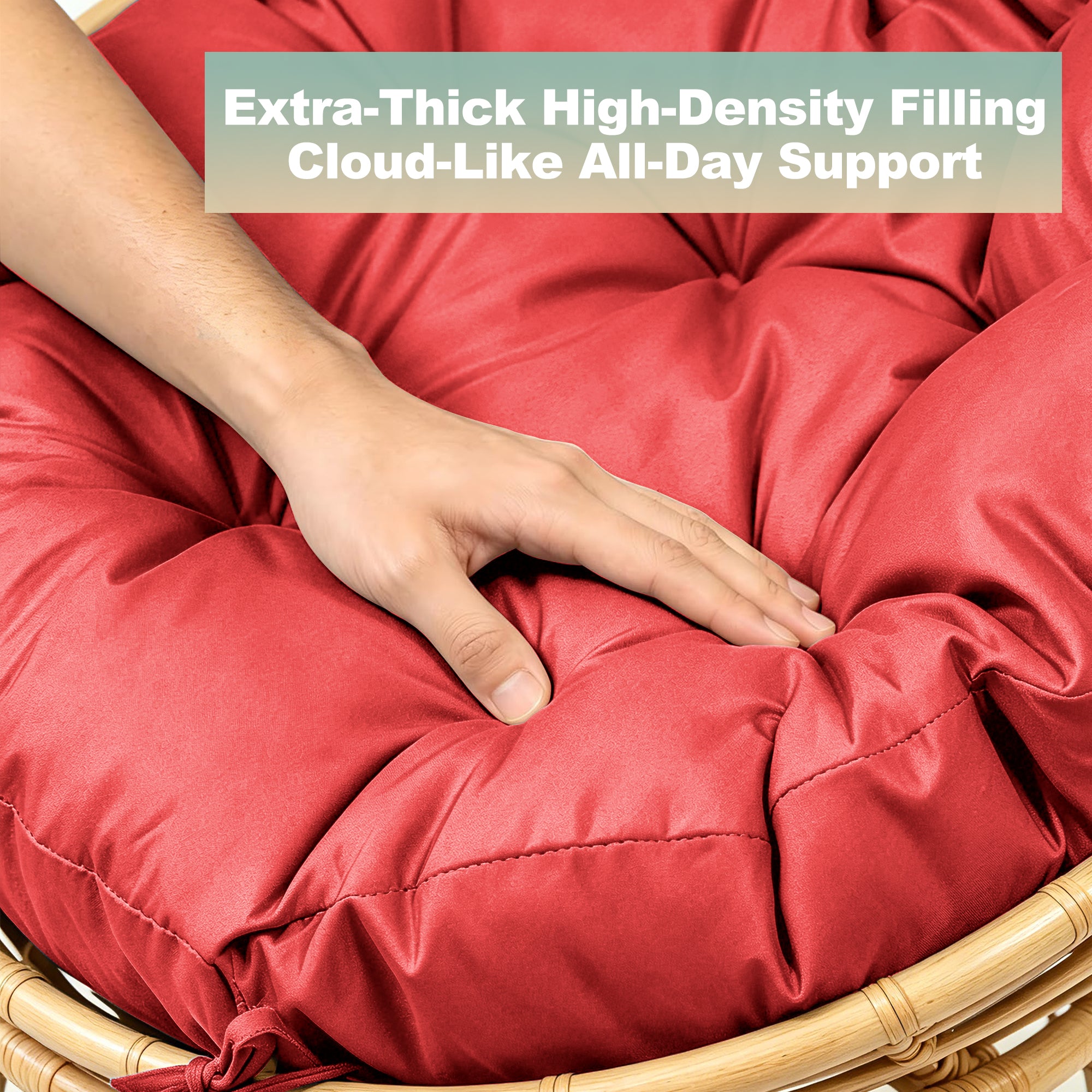47"×47"×4" tufted round chair cushion, sturdy polyester cover & fluffy fiber fill, fixed carry ties fit papasan, swing & wicker indoor chairs