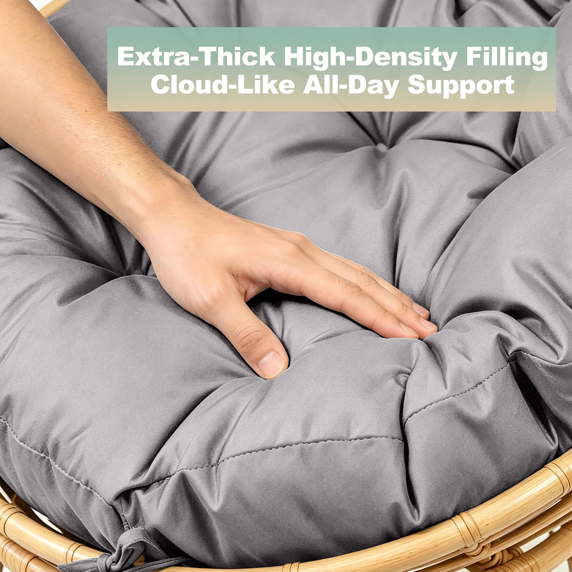 47"×47"×4" tufted round chair cushion, sturdy polyester cover & fluffy fiber fill, fixed carry ties fit papasan, swing & wicker indoor chairs