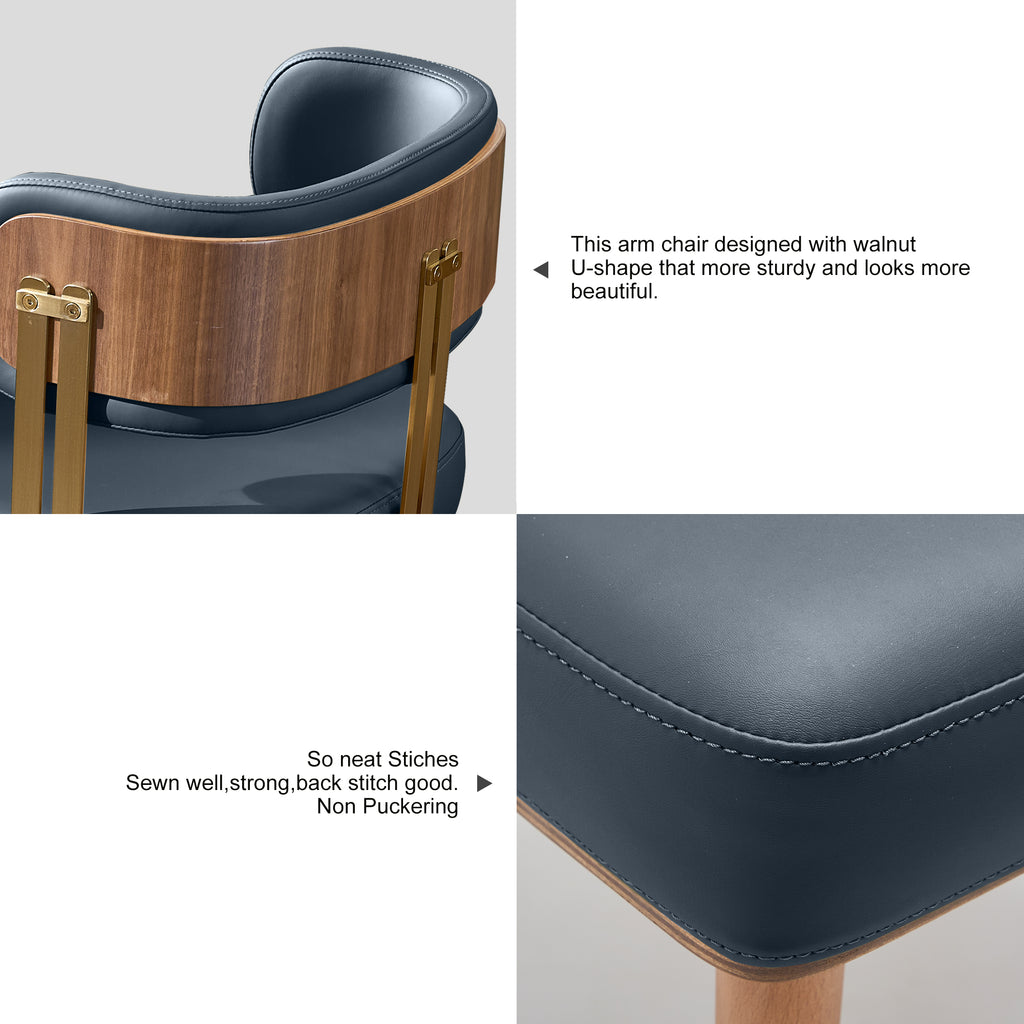 ARTPLAN Walnut Leather Dining Chair - Modern Upholstered Kitchen Chair with High-Resilience Foam Cushion, Stainless Steel Gold Frame for Dining Room, Easy Assembly
