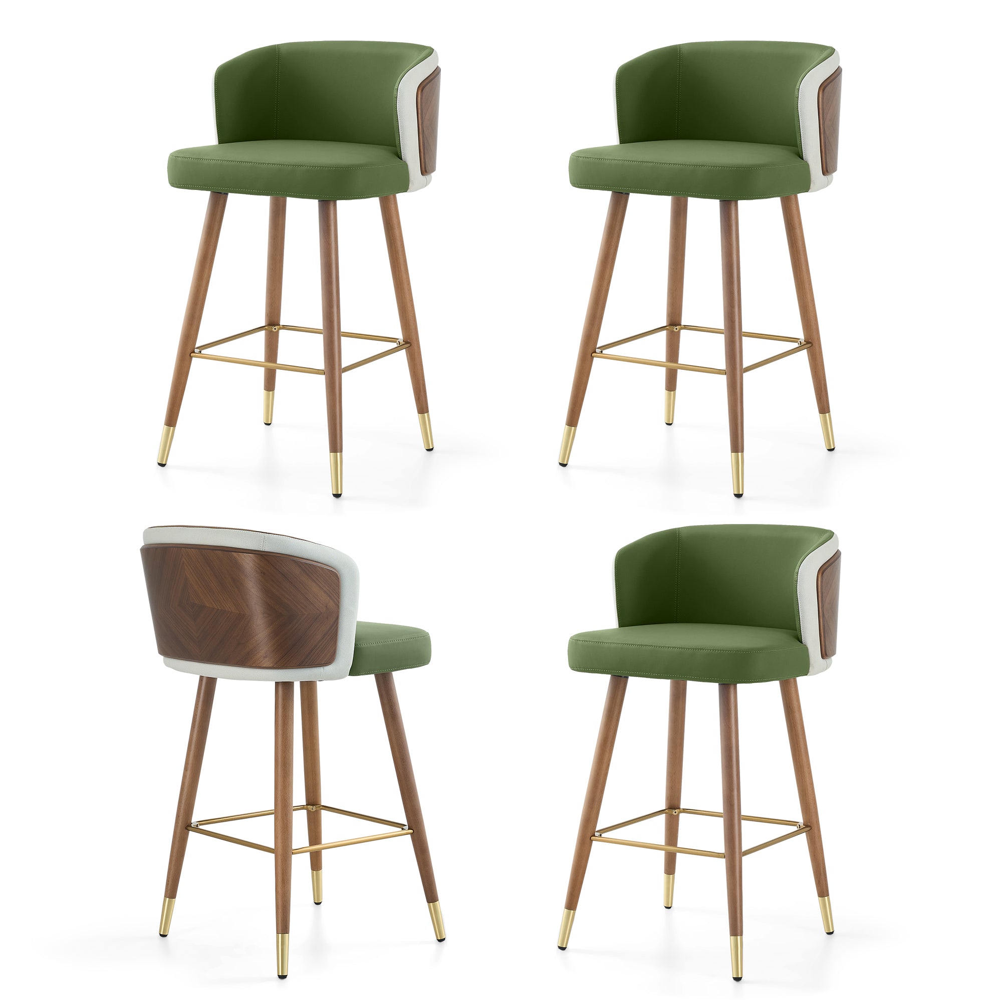 Mid Century Modern Bar Stools for Counter Height - Leather Upholstered Seat with Walnut Wood Frame, Retro 33 Inch Bar Chairs for Home Kitchen Island, Bar, Breakfast Nook