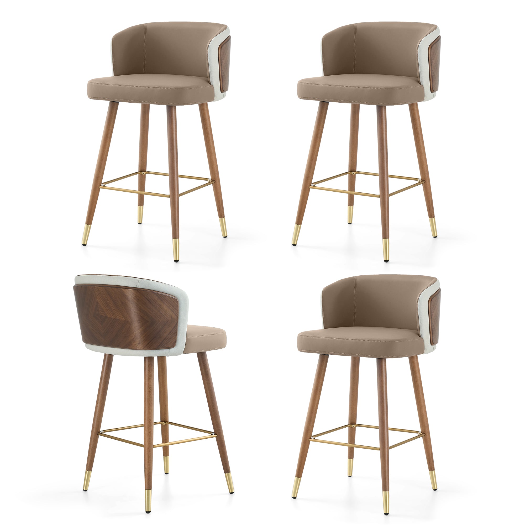 Mid Century Modern Bar Stools for Counter Height - Leather Upholstered Seat with Walnut Wood Frame, Retro 33 Inch Bar Chairs for Home Kitchen Island, Bar, Breakfast Nook