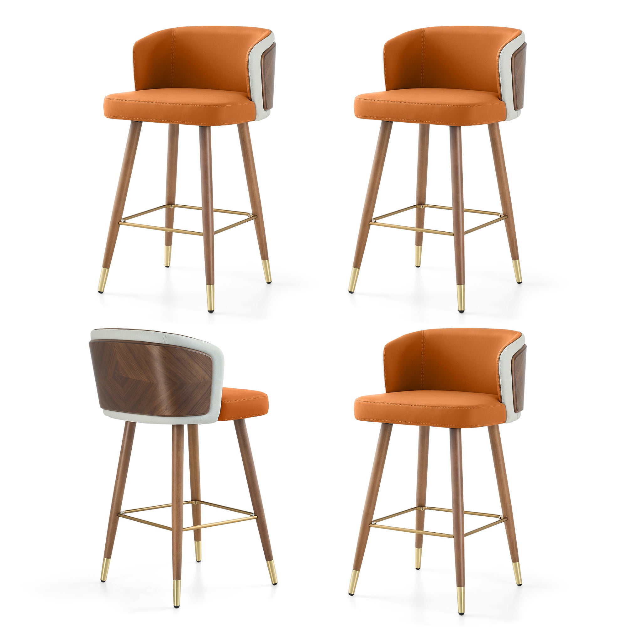 Mid Century Modern Bar Stools for Counter Height - Leather Upholstered Seat with Walnut Wood Frame, Retro 33 Inch Bar Chairs for Home Kitchen Island, Bar, Breakfast Nook