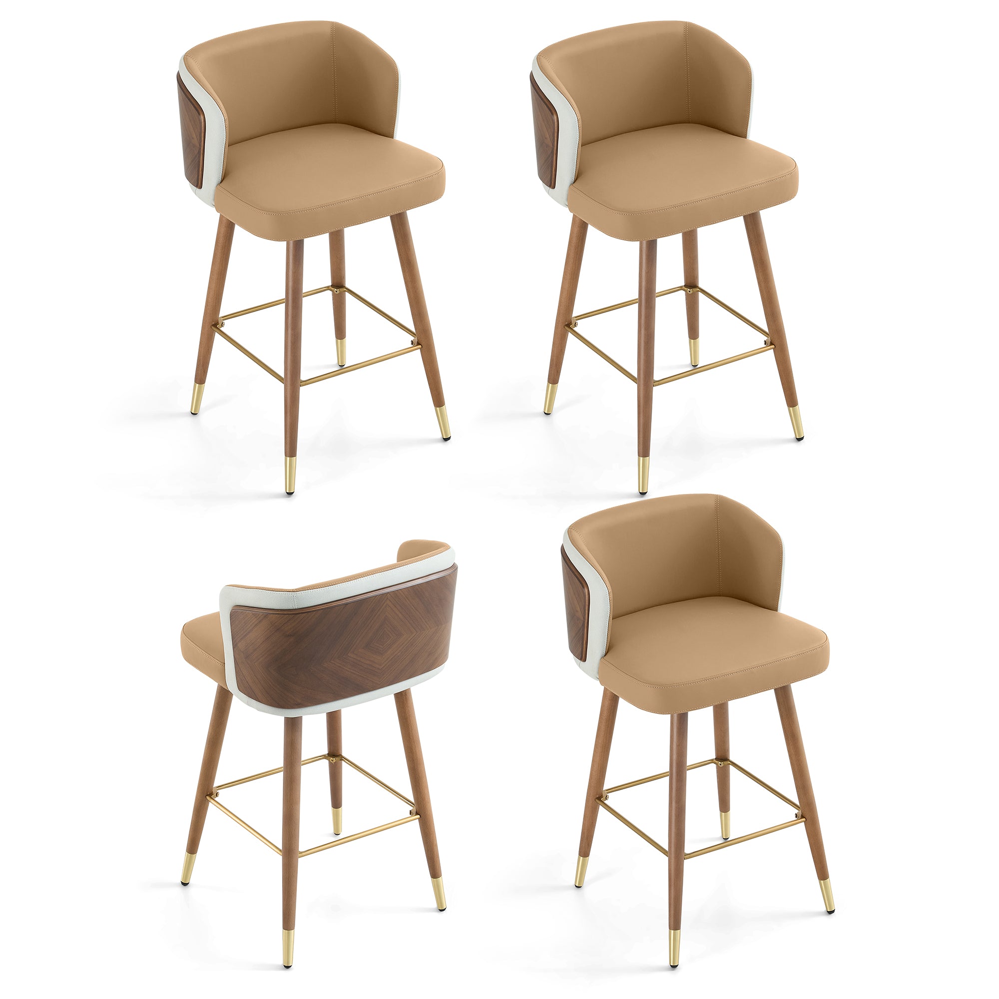 Mid Century Modern Bar Stools for Counter Height - Leather Upholstered Seat with Walnut Wood Frame, Retro 33 Inch Bar Chairs for Home Kitchen Island, Bar, Breakfast Nook