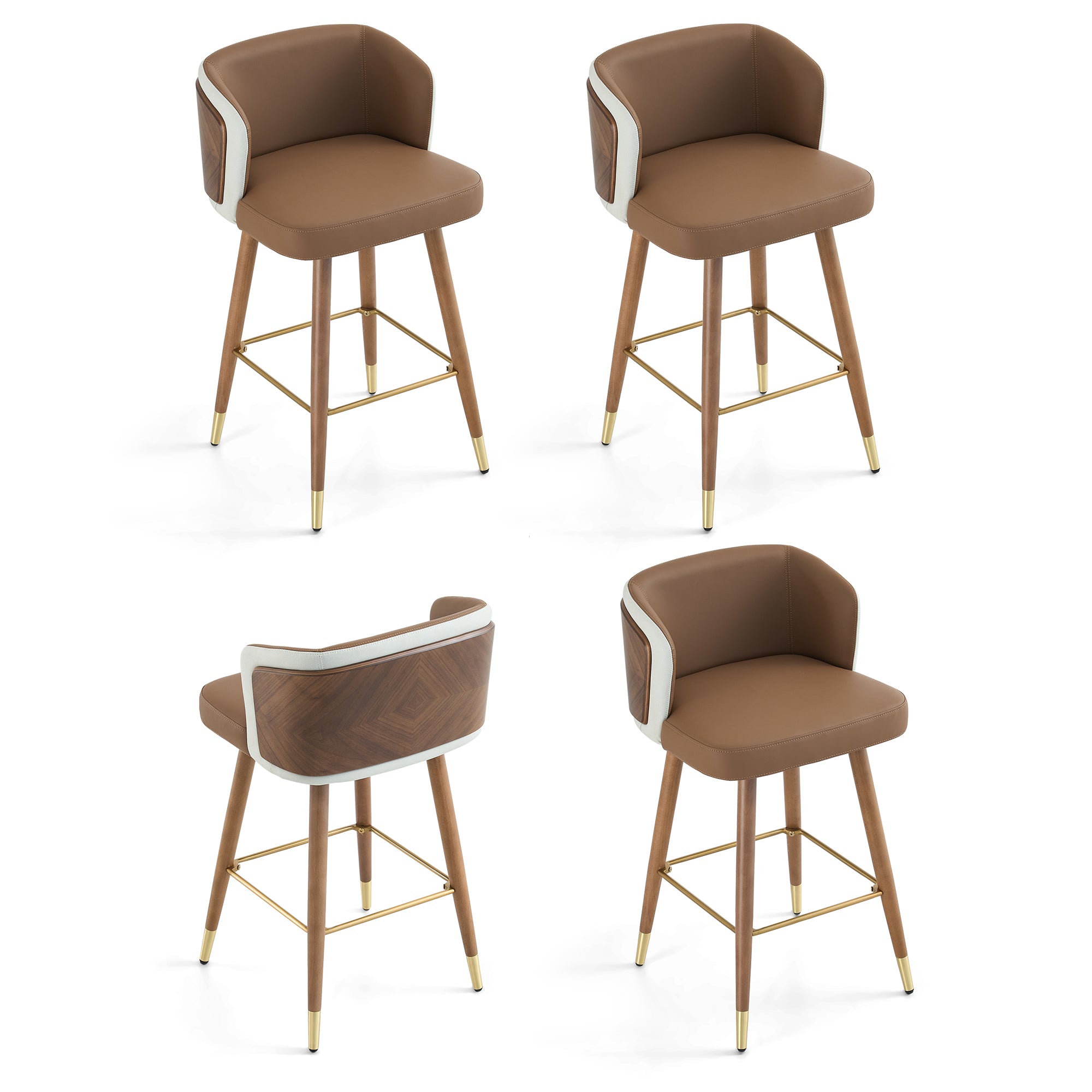 Mid Century Modern Bar Stools for Counter Height - Leather Upholstered Seat with Walnut Wood Frame, Retro 33 Inch Bar Chairs for Home Kitchen Island, Bar, Breakfast Nook