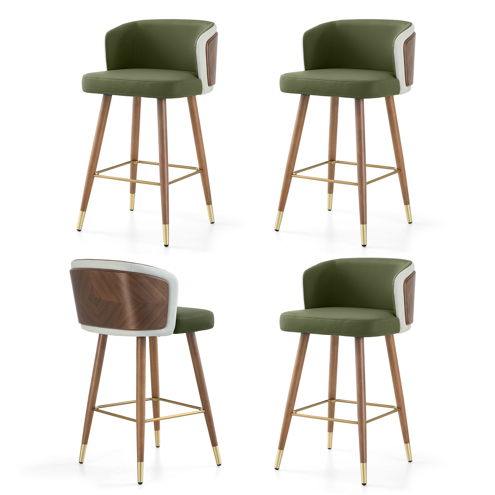Mid Century Modern Bar Stools for Counter Height - Leather Upholstered Seat with Walnut Wood Frame, Retro 33 Inch Bar Chairs for Home Kitchen Island, Bar, Breakfast Nook