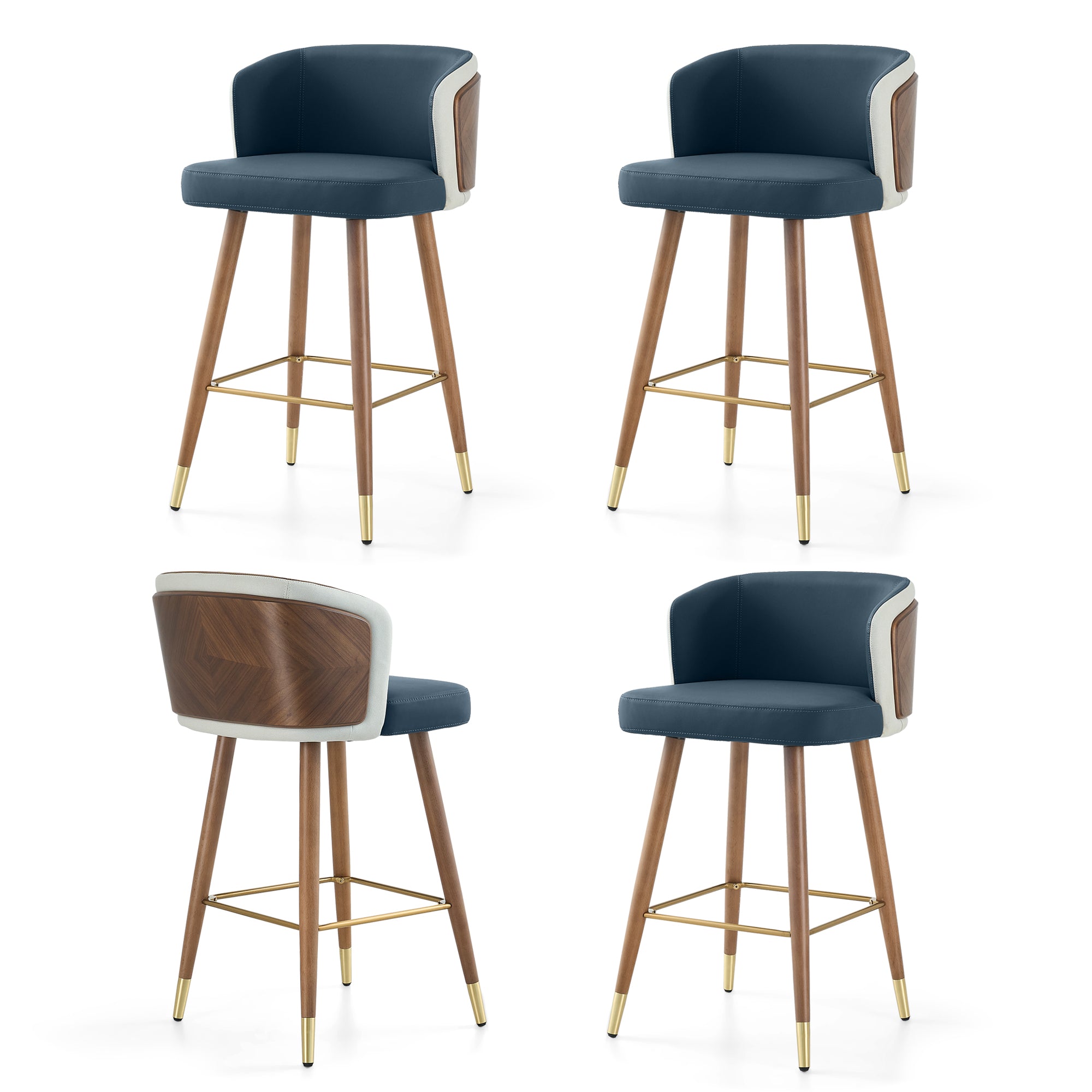 Mid Century Modern Bar Stools for Counter Height - Leather Upholstered Seat with Walnut Wood Frame, Retro 33 Inch Bar Chairs for Home Kitchen Island, Bar, Breakfast Nook