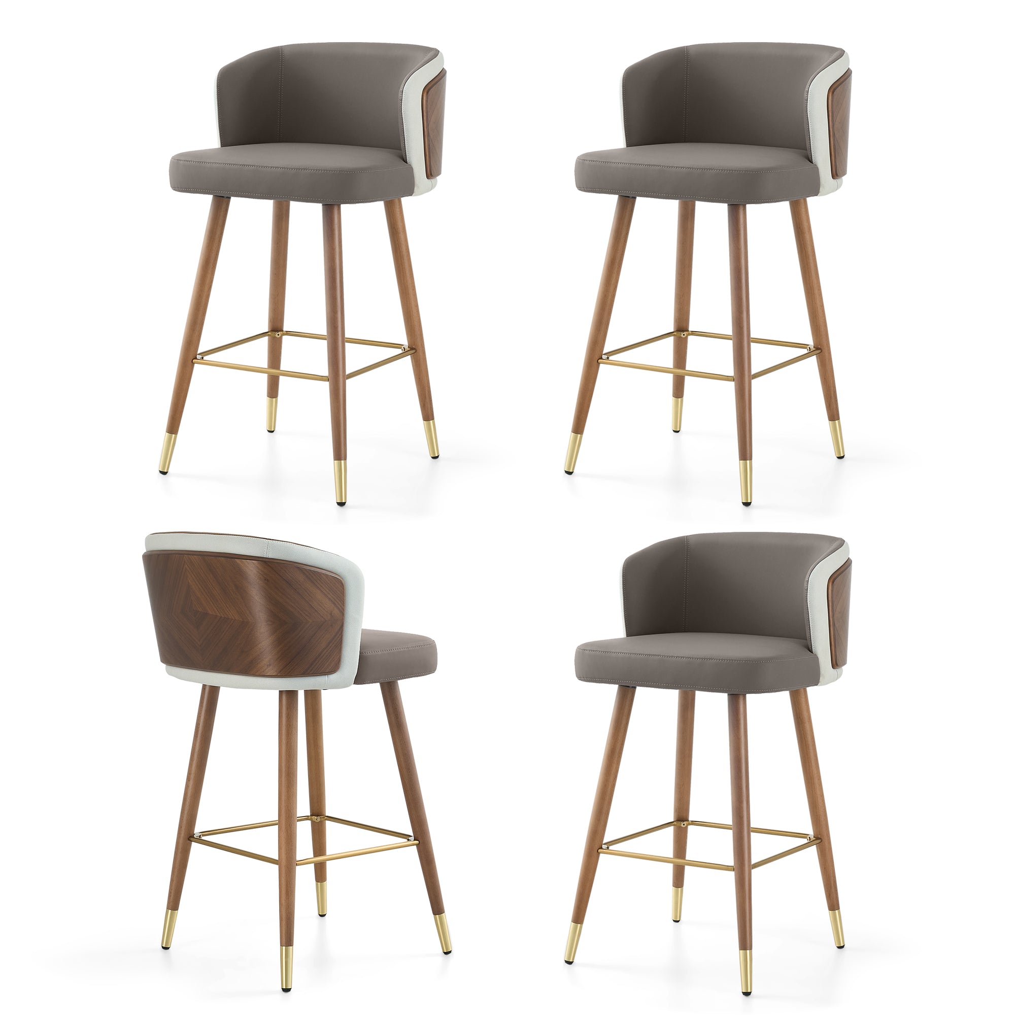 Mid Century Modern Bar Stools for Counter Height - Leather Upholstered Seat with Walnut Wood Frame, Retro 33 Inch Bar Chairs for Home Kitchen Island, Bar, Breakfast Nook