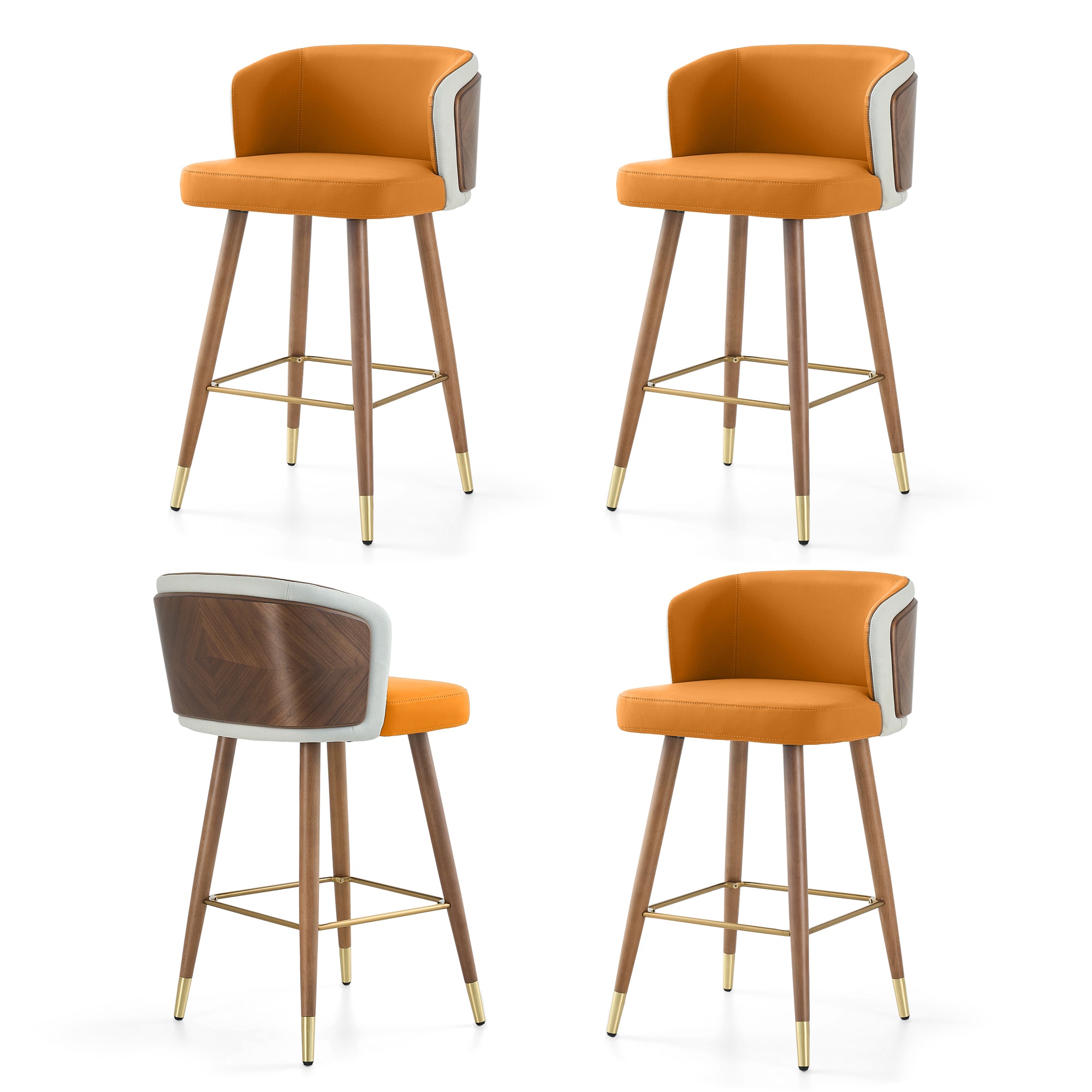 Mid Century Modern Bar Stools for Counter Height - Leather Upholstered Seat with Walnut Wood Frame, Retro 33 Inch Bar Chairs for Home Kitchen Island, Bar, Breakfast Nook