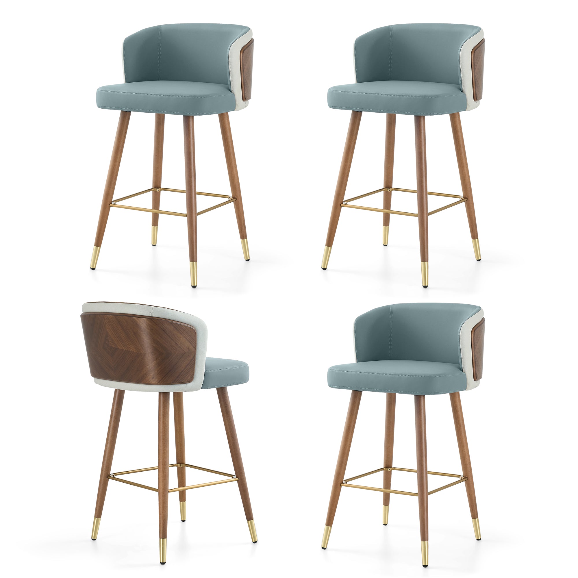 Mid Century Modern Bar Stools for Counter Height - Leather Upholstered Seat with Walnut Wood Frame, Retro 33 Inch Bar Chairs for Home Kitchen Island, Bar, Breakfast Nook