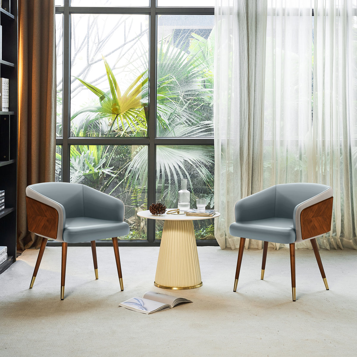 ARTPLAN Modern Dining Chair Faux Leather, Walnut Top Metal Legs Kitchen Seat，set of 1/set of 2