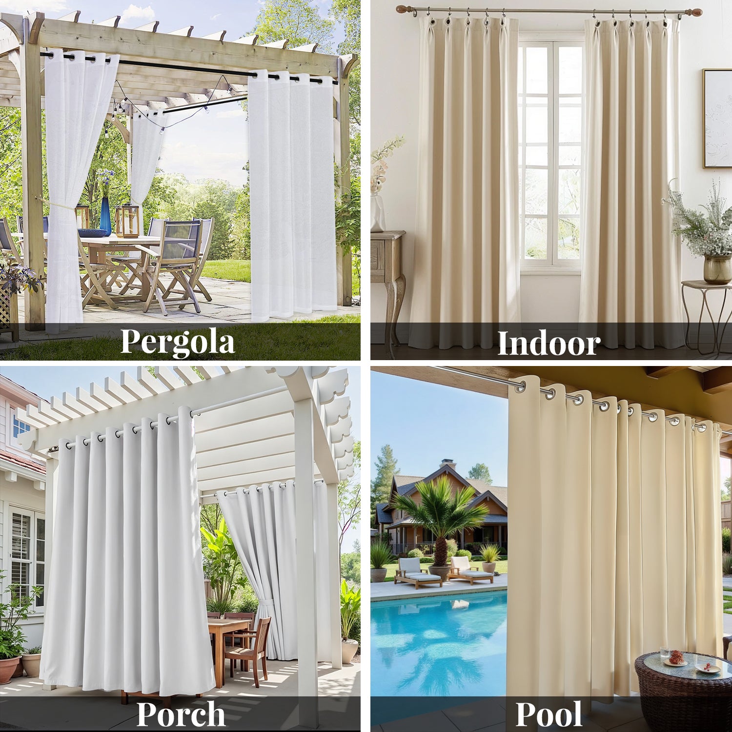 Waterproof Outdoor Curtains for Patio, Premium Thick Sunproof 90% Blackout Curtains with Rustproof Grommets for Porch, Pergola, Cabana, 2-Pack Set