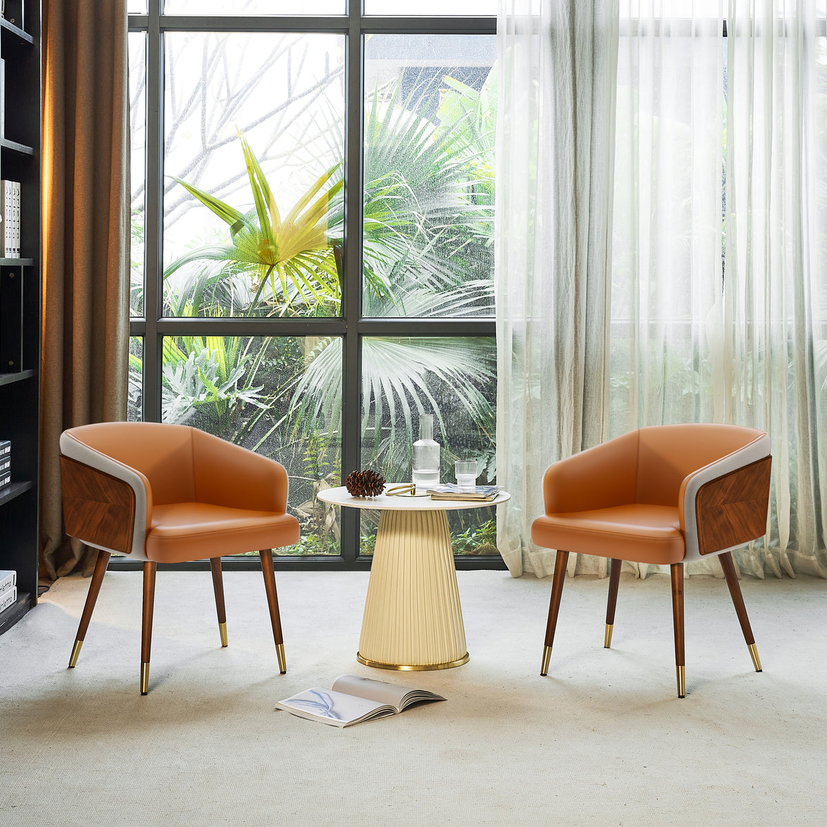 ARTPLAN Modern Dining Chair Faux Leather, Walnut Top Metal Legs Kitchen Seat，set of 1/set of 2